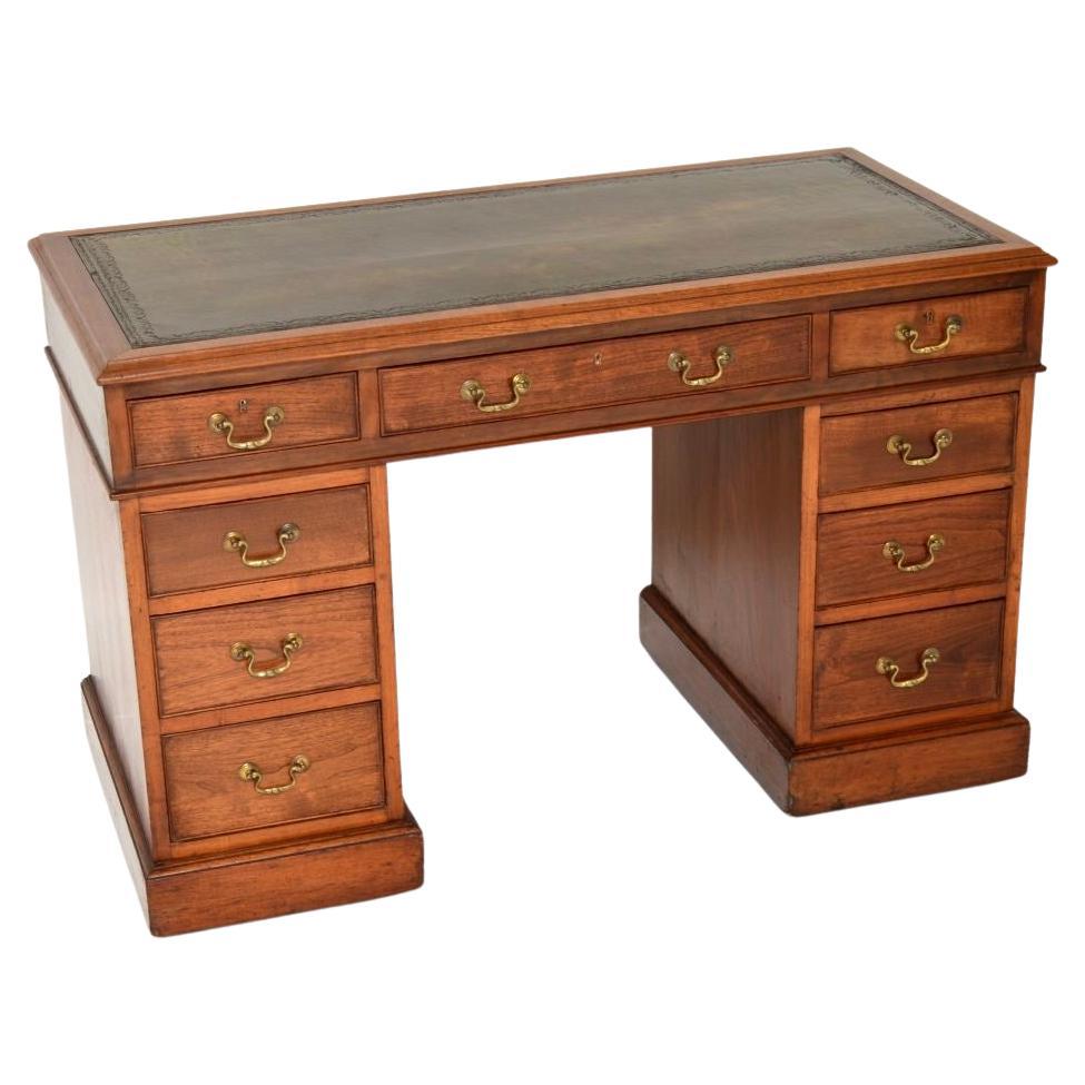 Antique Victorian Walnut Leather Top Pedestal Desk