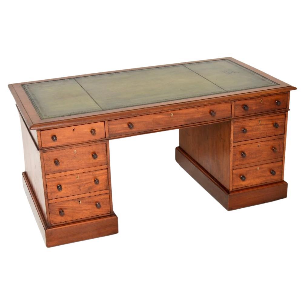 Antique Victorian Walnut Leather Top Pedestal Desk