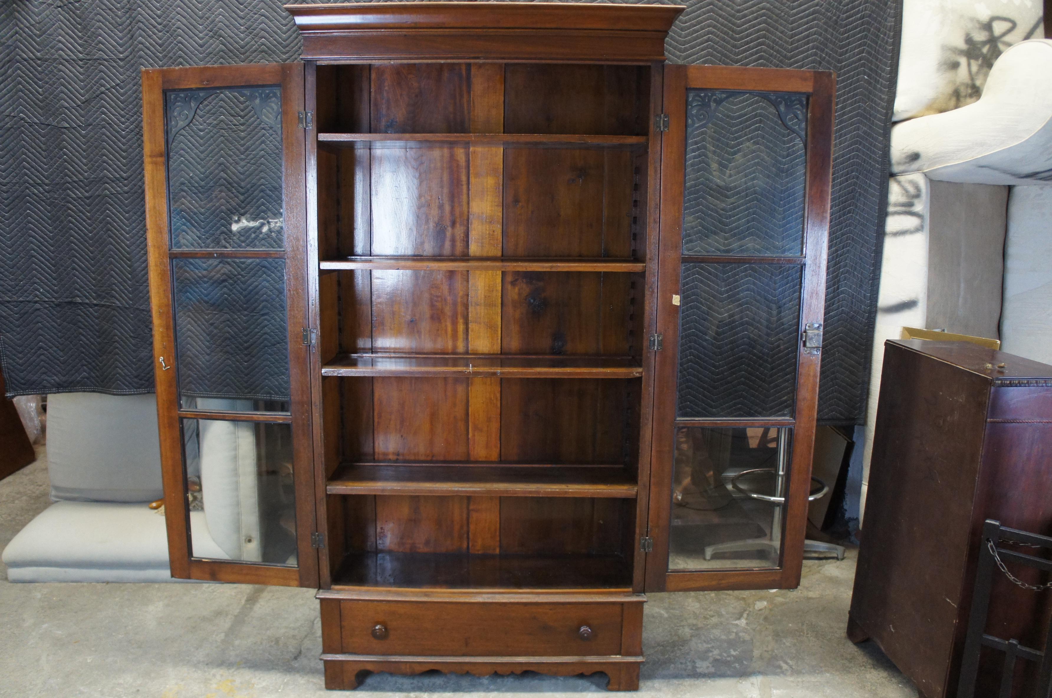 Antique Victorian Walnut Library Bookcase China Display Cabinet Fretwork 1