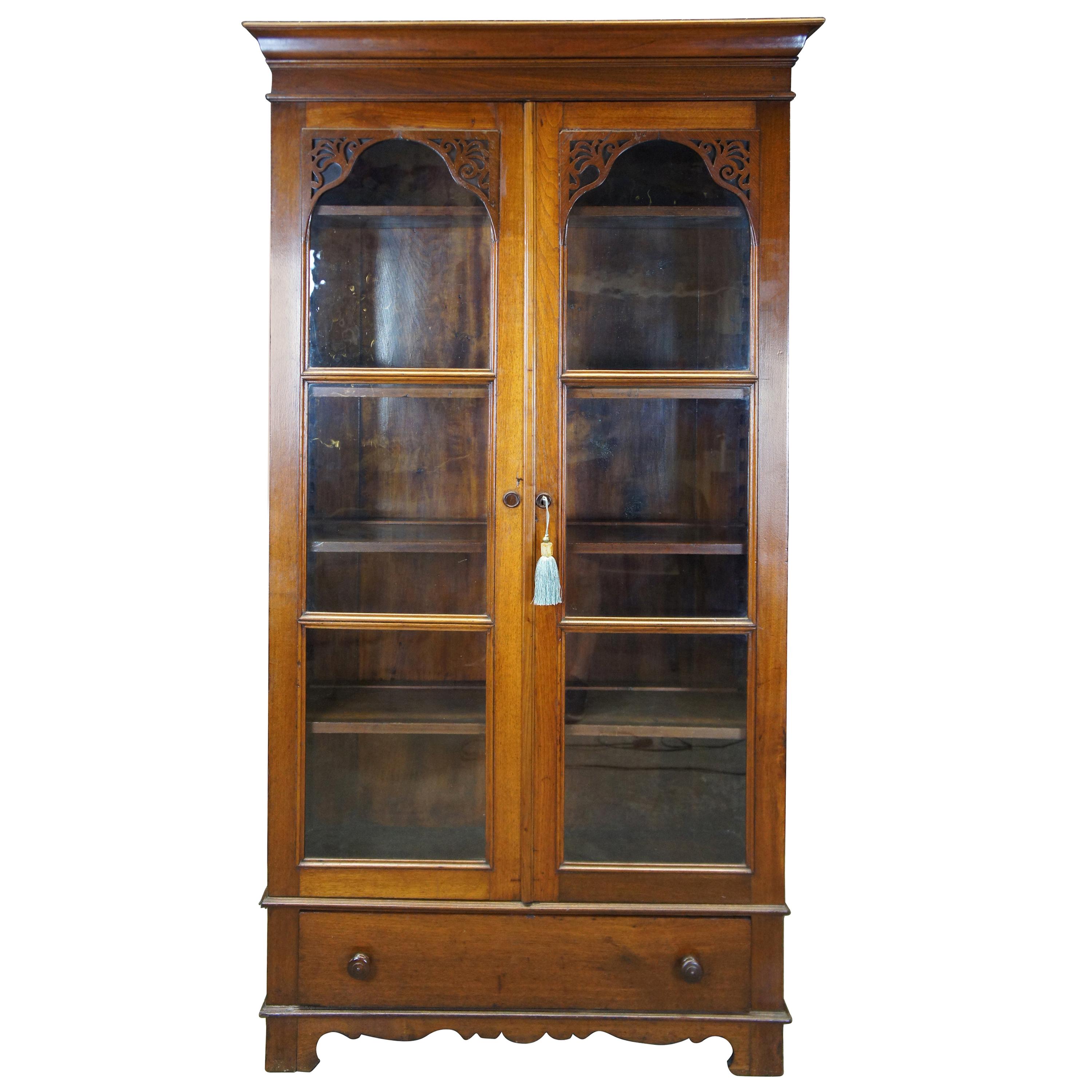 Antique Victorian Walnut Library Bookcase China Display Cabinet Fretwork