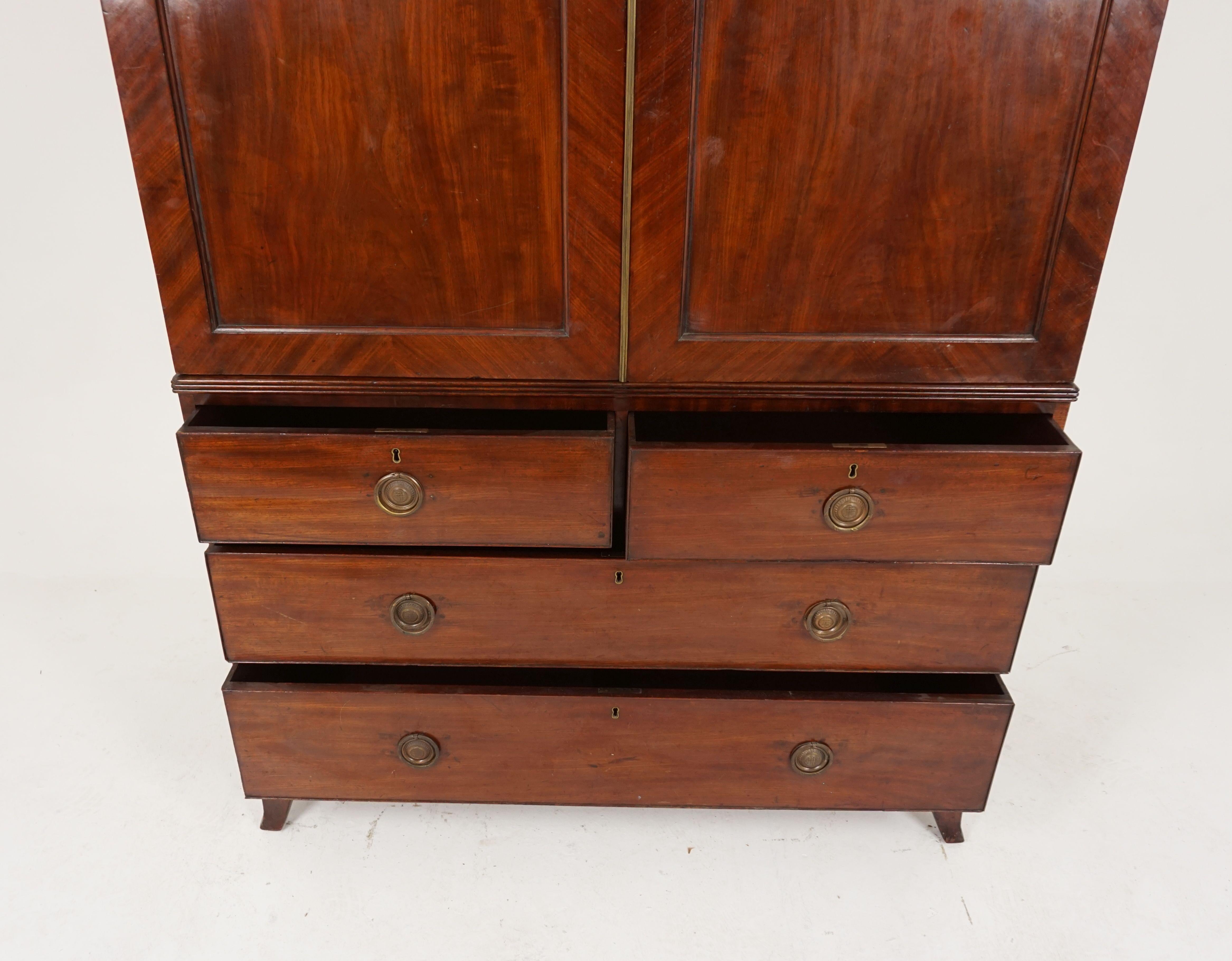 Antique Victorian walnut linen press, Armoire, Scotland, 1840, B2025

Scotland, 1840
Solid walnut
Original finish
Canopy top
Moulded cornice above
Pair of panelled doors below
Open to reveal 5 pullout drawers
Underneath are 4 dovetailed