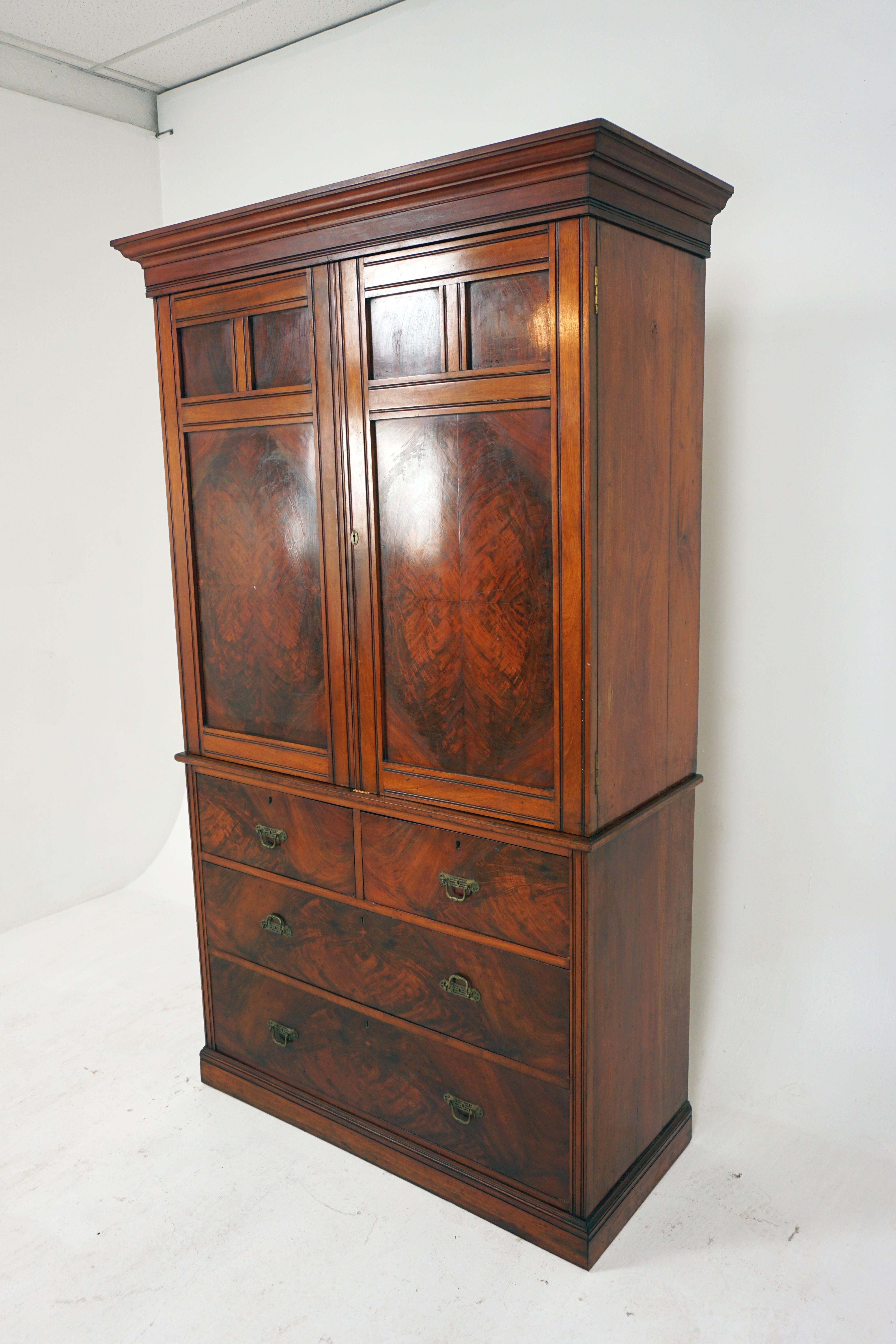 Antique Victorian walnut linen press, dresser, closet, Scotland 1880, H228

Scotland 1880
Solid walnut
Original finish
Flared cornice on top
Pair of paneled doors open to reveal hanging cupboard on right side, cupboard with shelves on the left
Base