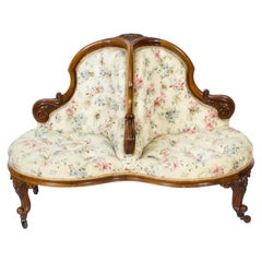 Antique Victorian Walnut Love Seat Conversation Settee, 19th Century