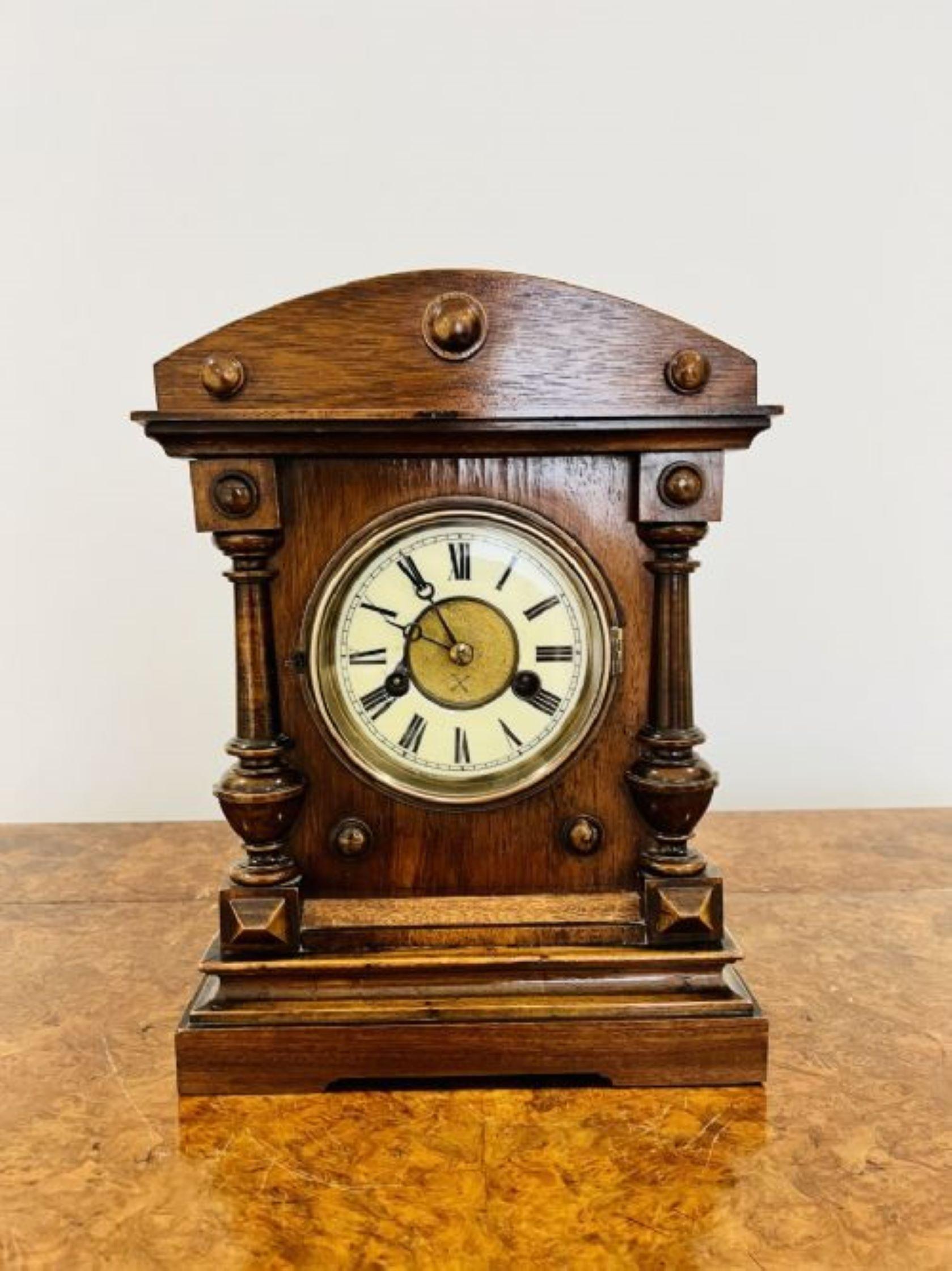 Antique Victorian walnut mantle clock having a circular dial with an 8 day movement striking the hour and half hour on a gong in a carved walnut case
Please note all of our clocks are serviced prior to delivery we do advise this can take between 2-8