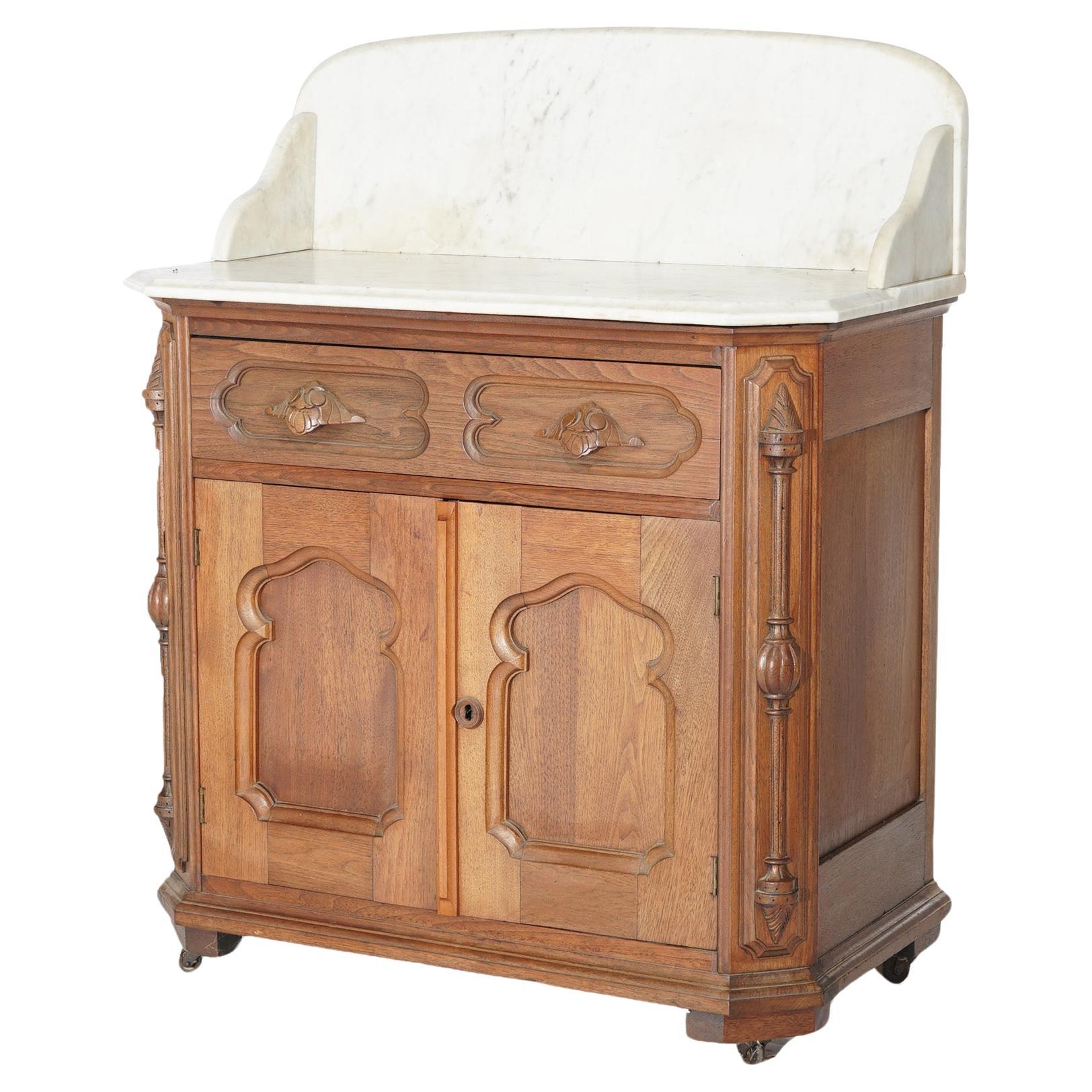 Antique Victorian Walnut Marble Top Commode Wash Stand Circa 1880 For Sale