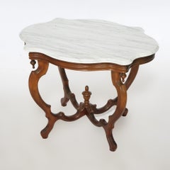Antique Victorian Walnut & Marble Turtle Top Parlor Table, circa 1890