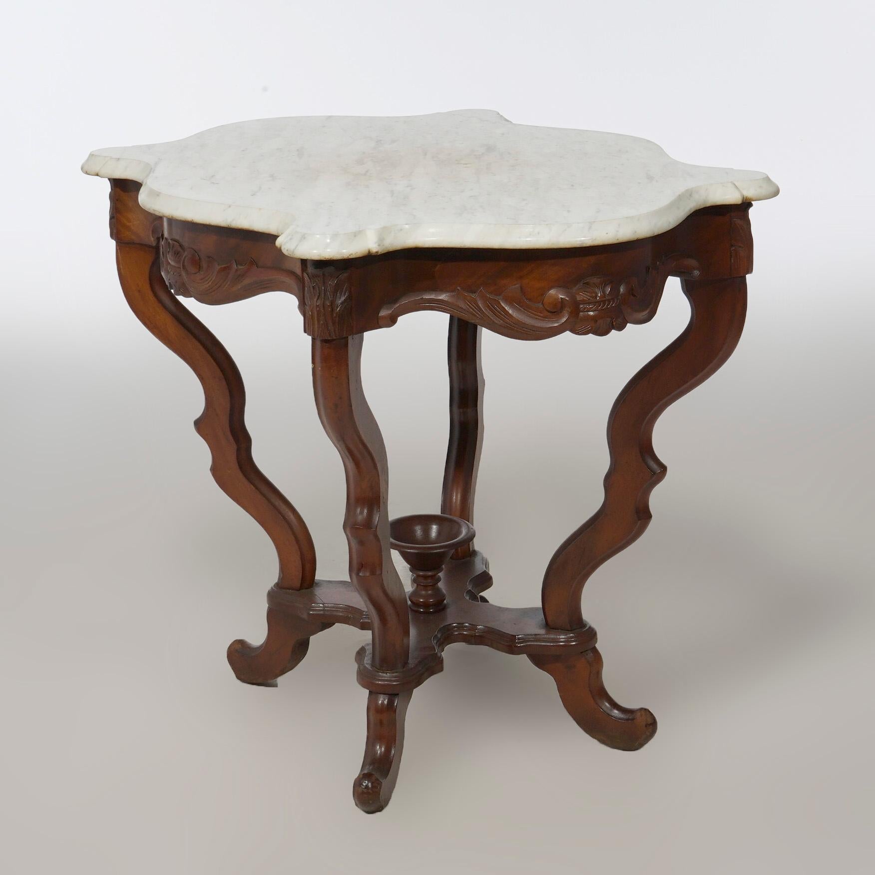 Antique Victorian Walnut & Marble Turtle Top Parlor Table Circa 1890 In Good Condition For Sale In Big Flats, NY