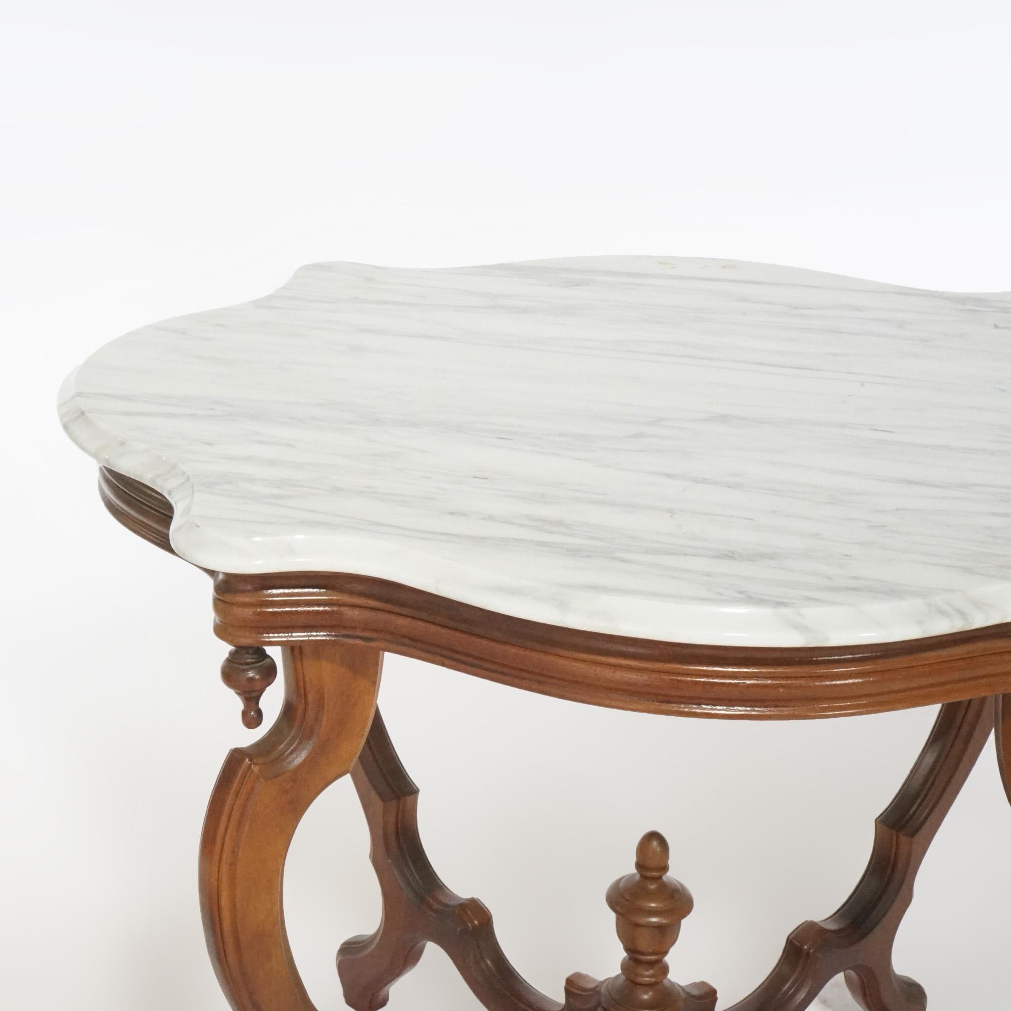 Antique Victorian Walnut & Marble Turtle Top Parlor Table, circa 1890 In Good Condition In Big Flats, NY