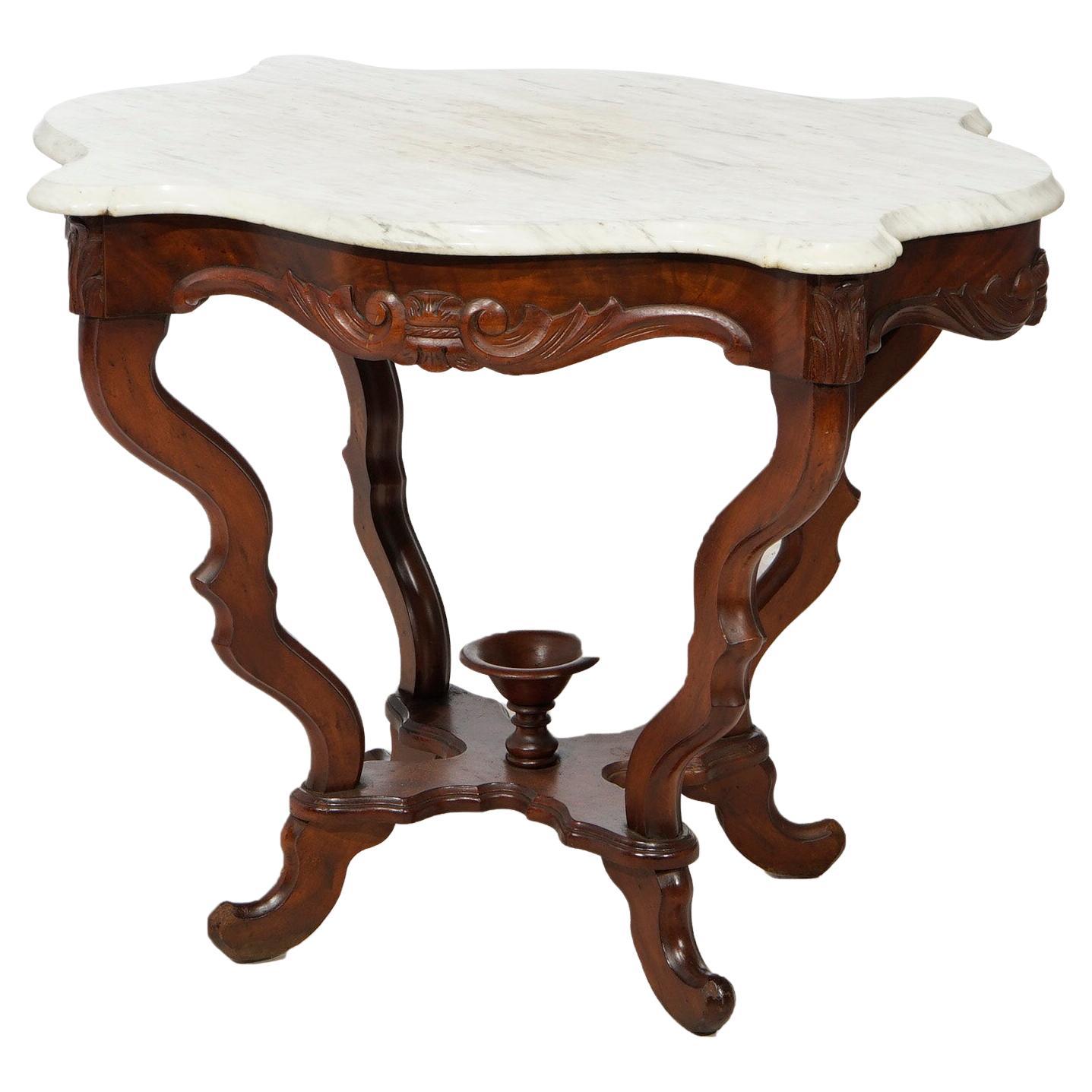 Antique Victorian Walnut & Marble Turtle Top Parlor Table Circa 1890 For Sale