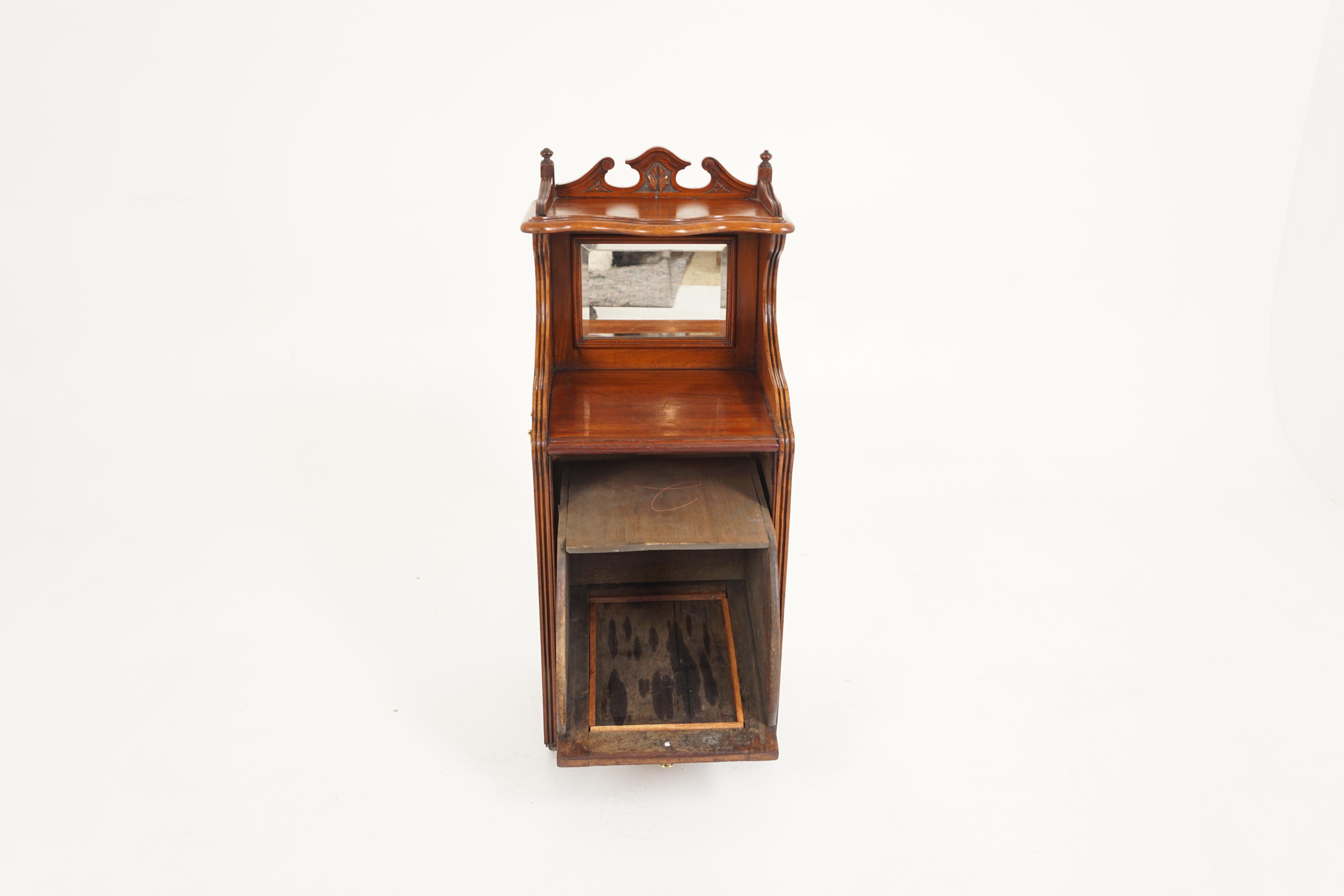 Antique Victorian walnut mirror back coal box, fireside box, cabinet, Purdonium, Scotland 1880, H351

Scotland 1880
Solid walnut
Original finish
With galleried top with centre carving
Terminating in turned finials
Beveled mirror underneath
Pull