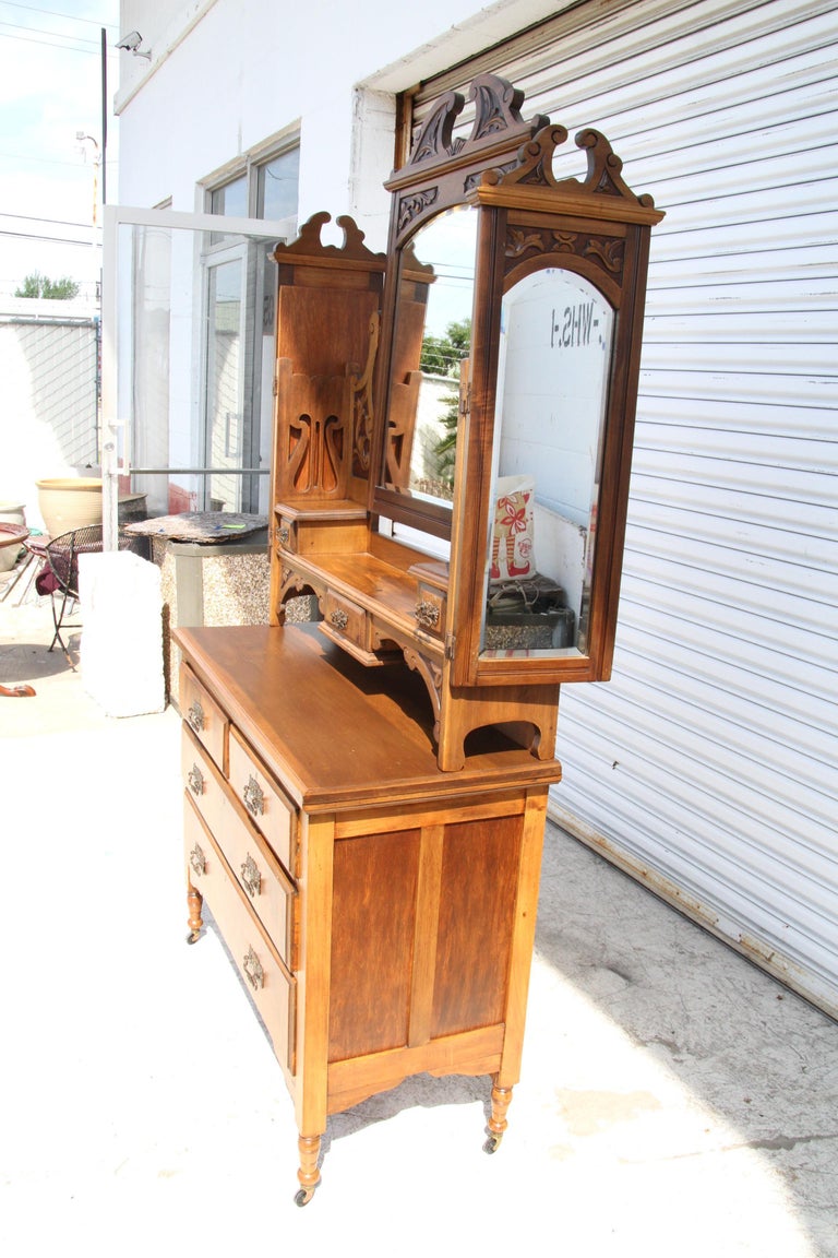 Antique Victorian Walnut Mirrored Vanity Dresser For Sale at 1stDibs