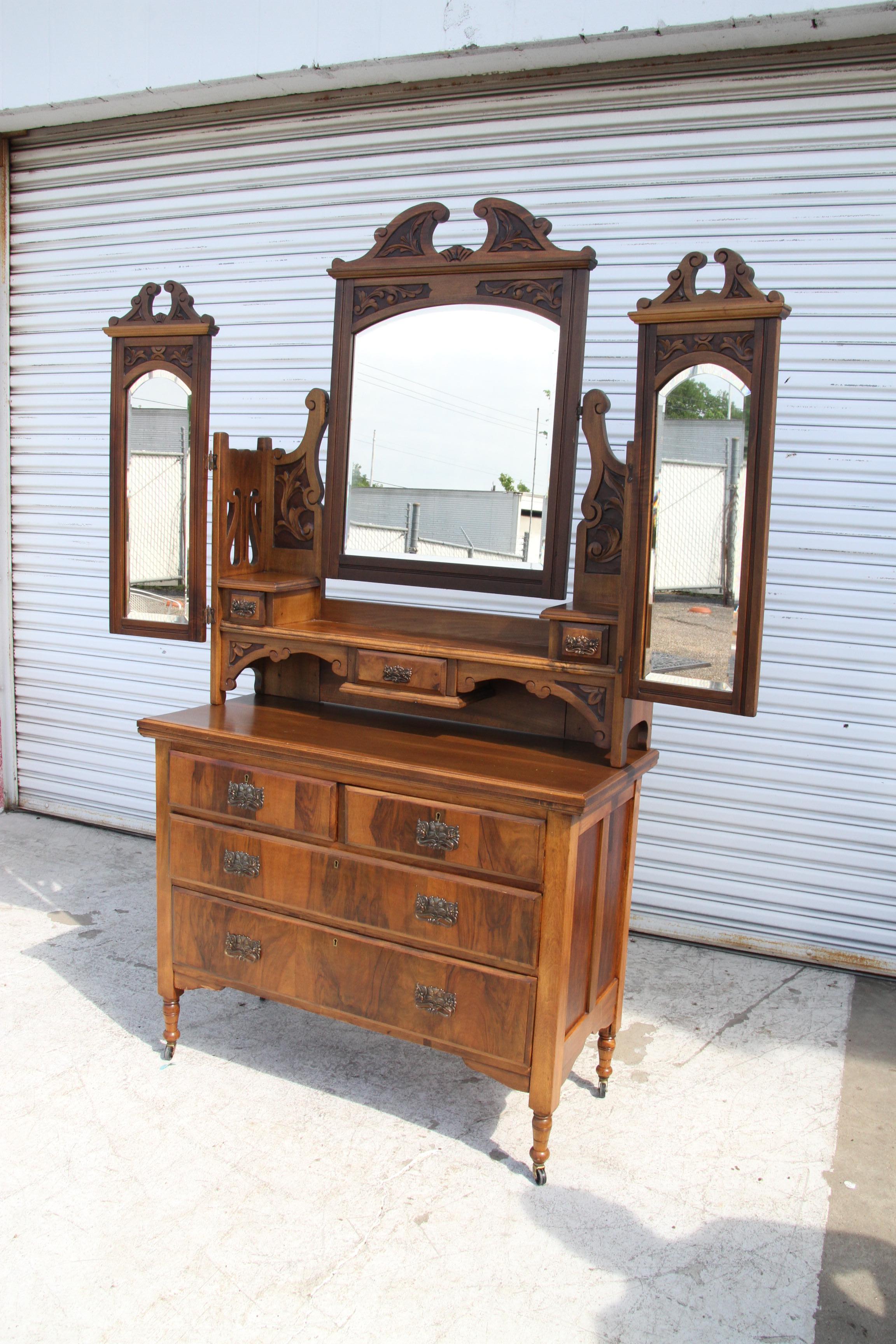 19th Century Antique Victorian Walnut Mirrored Vanity Dresser For Sale