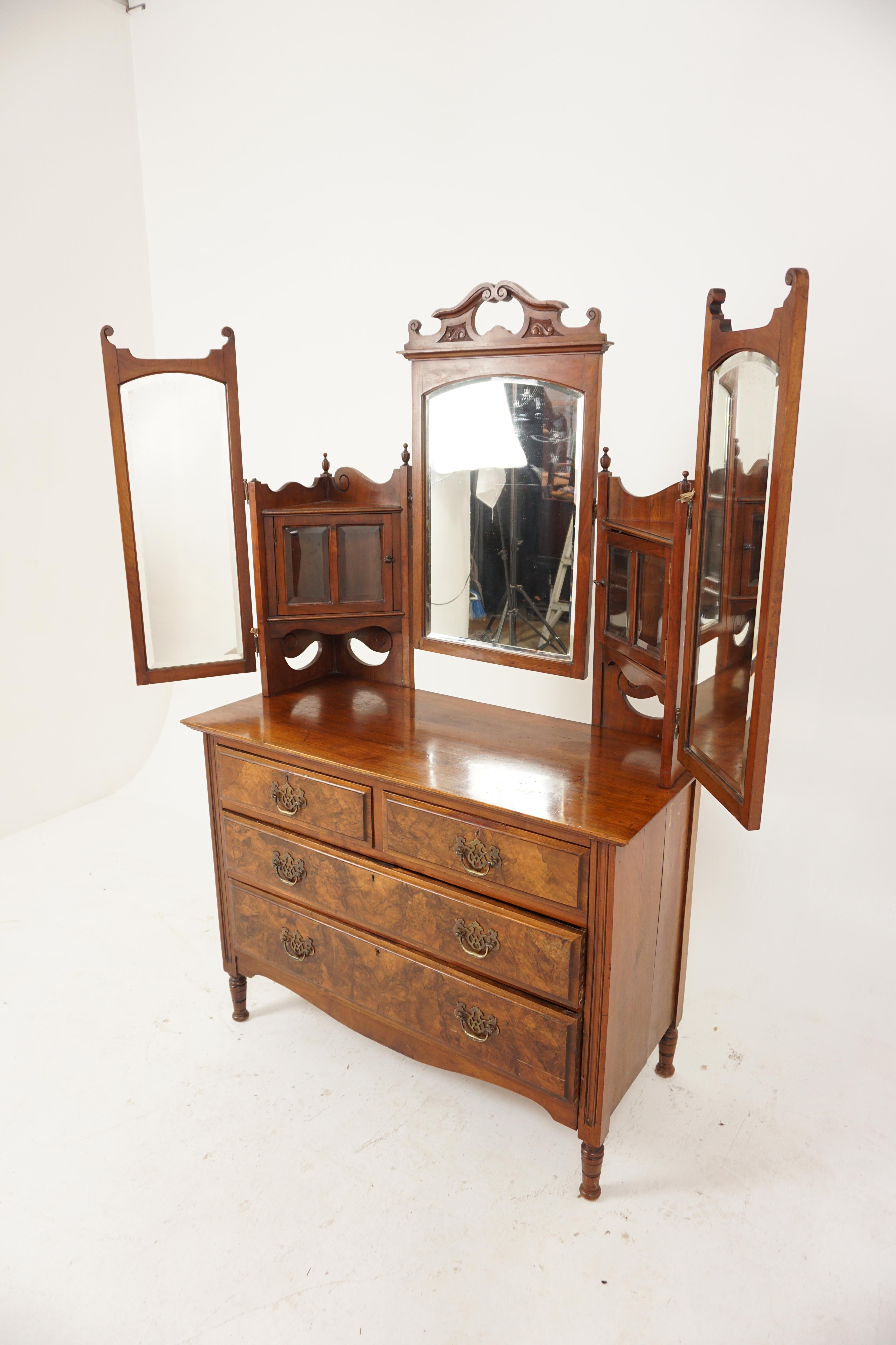 Antique Victorian walnut triple mirrored vanity, dressing chest, taable, Scotland 1880, B2895

Scotland 1880
Solid walnut & veneers
Original finish
Having a carved pediment over the beveled central mirror
The mirror is supported by a pair of