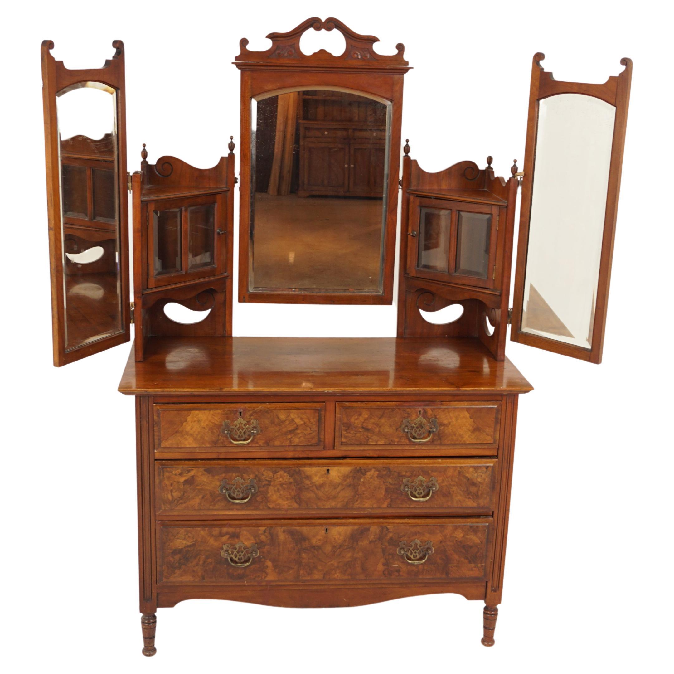 Antique Victorian Walnut Mirrored Vanity, Dressing Chest, Scotland 1880, B2895