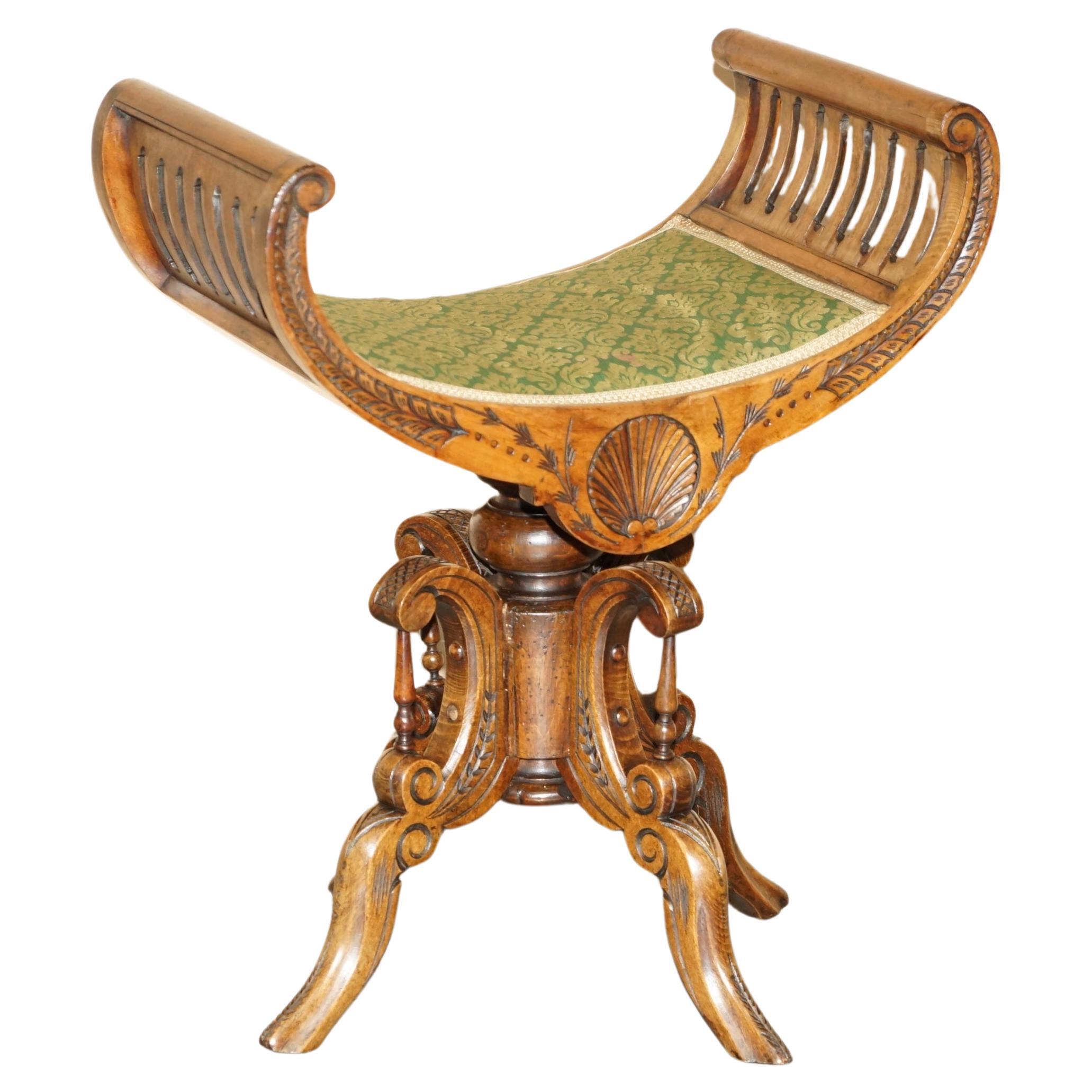 ViCtorian WALNUT MUSIC DRESSING TABLE STOOL DECORATIVE BASE CURVED SEAT ANTIQUE en vente