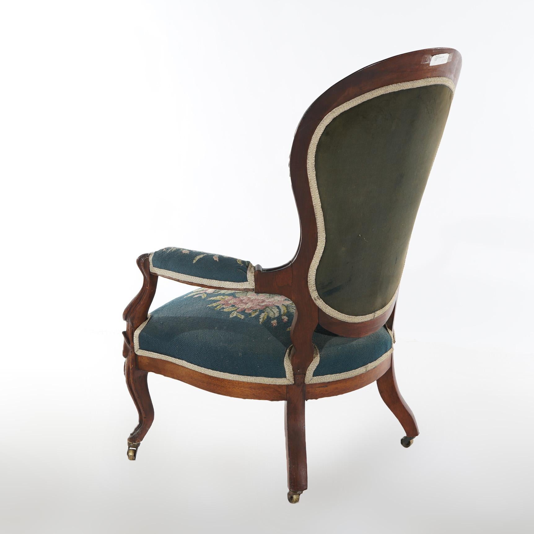 Antique Victorian Walnut & Needlepoint Ladies Parlor Arm Chair, c1890 2
