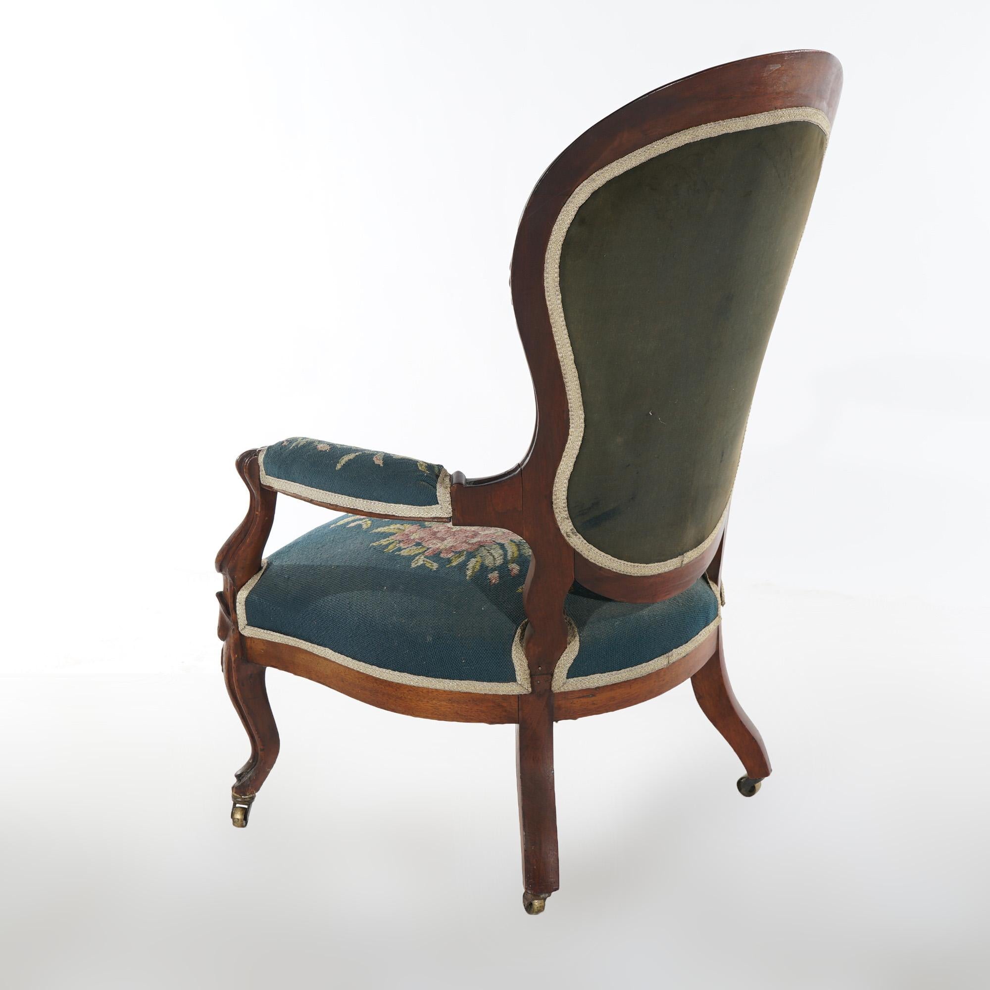 Antique Victorian Walnut & Needlepoint Ladies Parlor Arm Chair, c1890 3