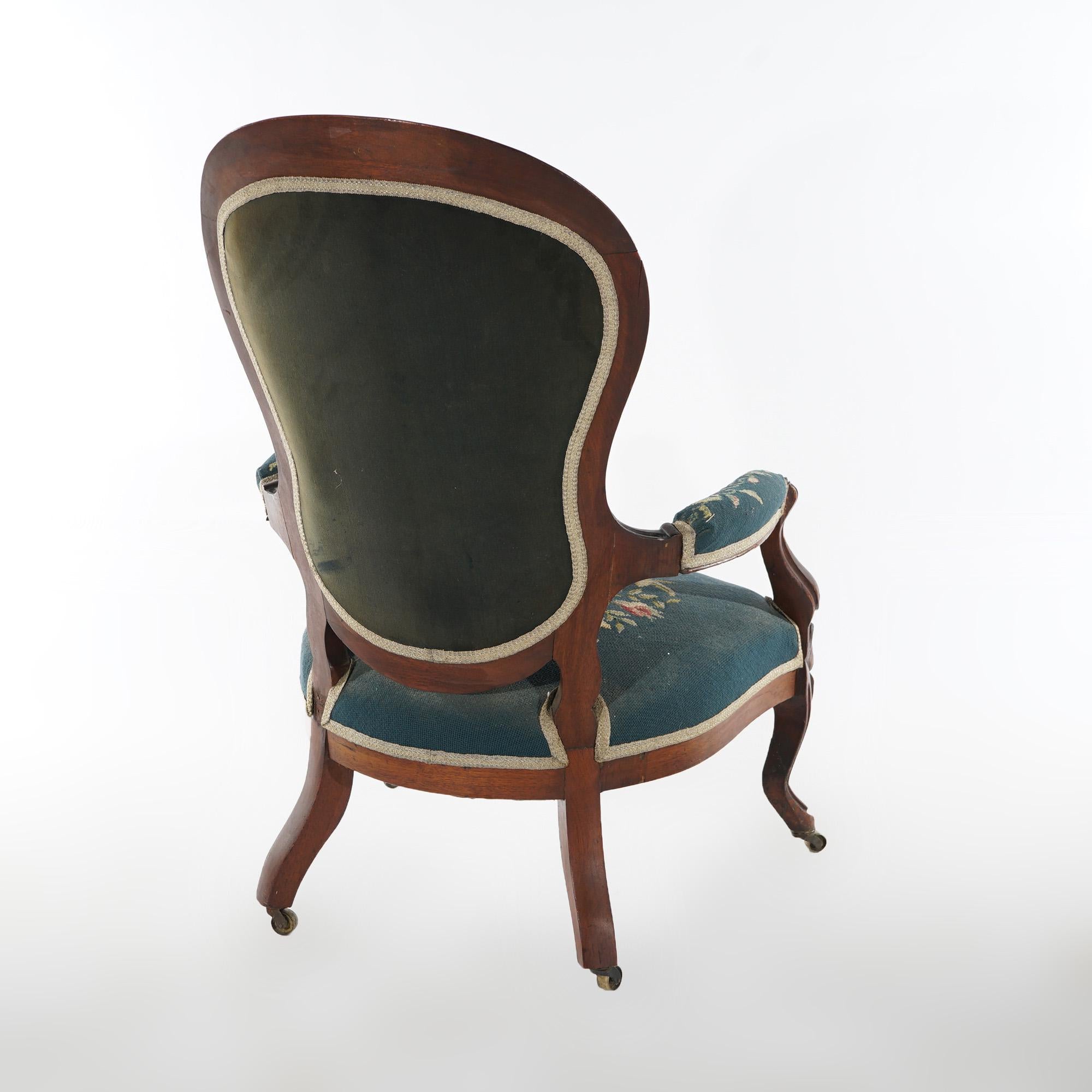 Antique Victorian Walnut & Needlepoint Ladies Parlor Arm Chair, c1890 4