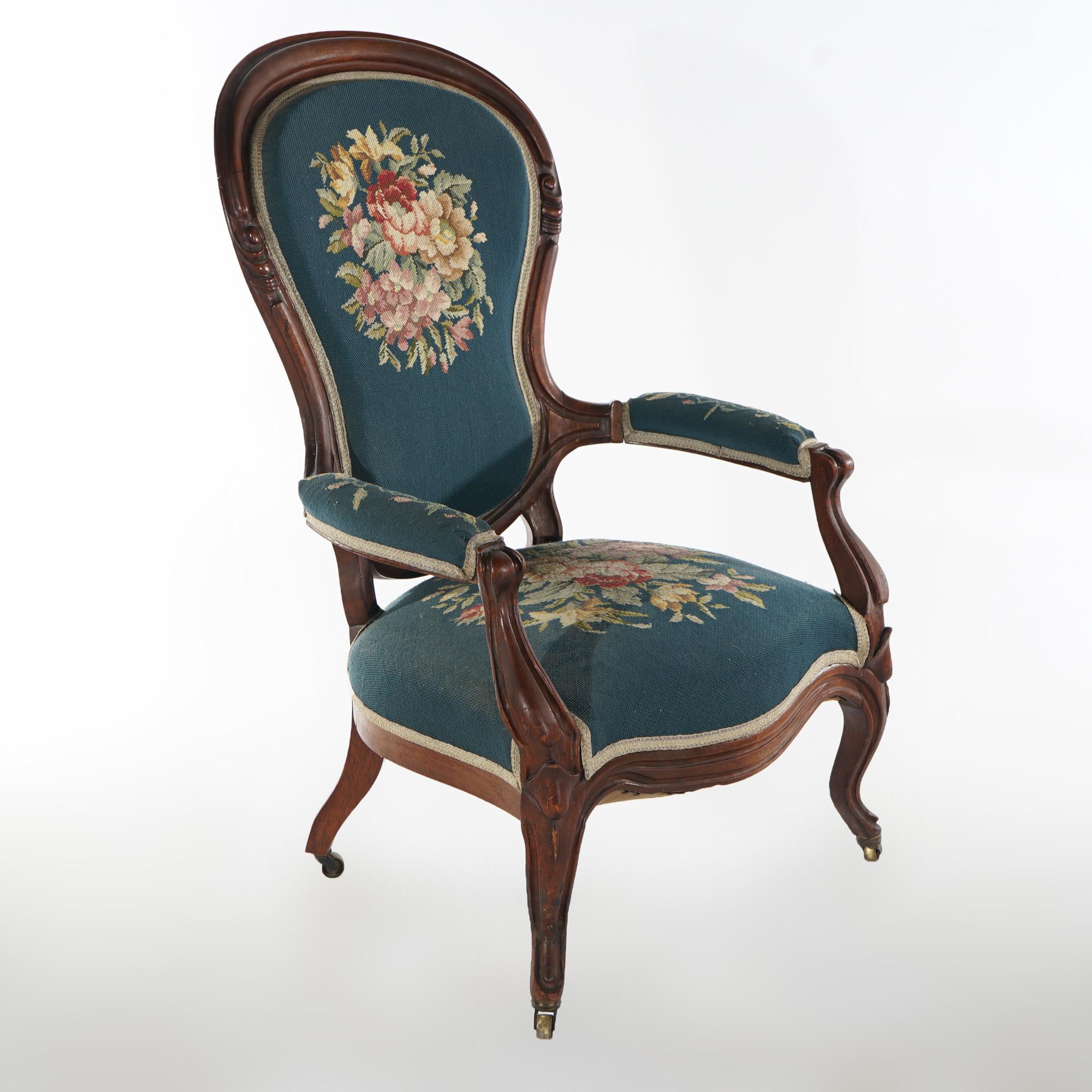 Antique Victorian Walnut & Needlepoint Ladies Parlor Arm Chair, c1890 5