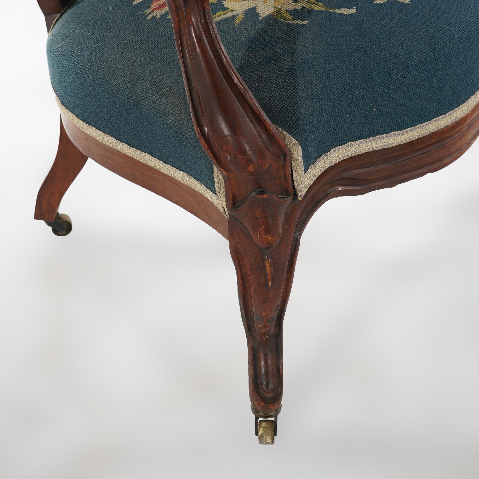 Antique Victorian Walnut & Needlepoint Ladies Parlor Arm Chair, c1890 6