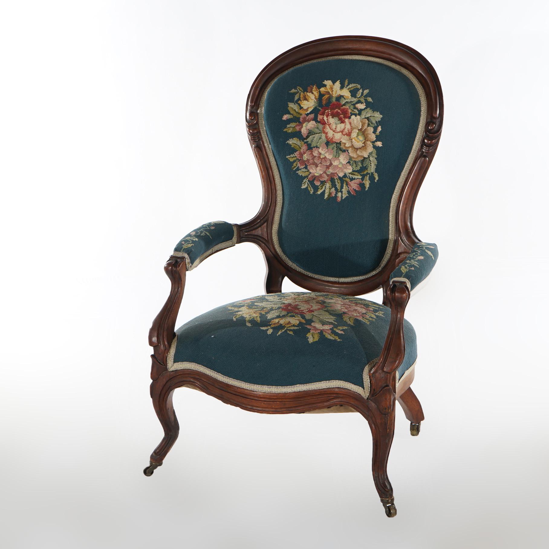 American Antique Victorian Walnut & Needlepoint Ladies Parlor Arm Chair, c1890