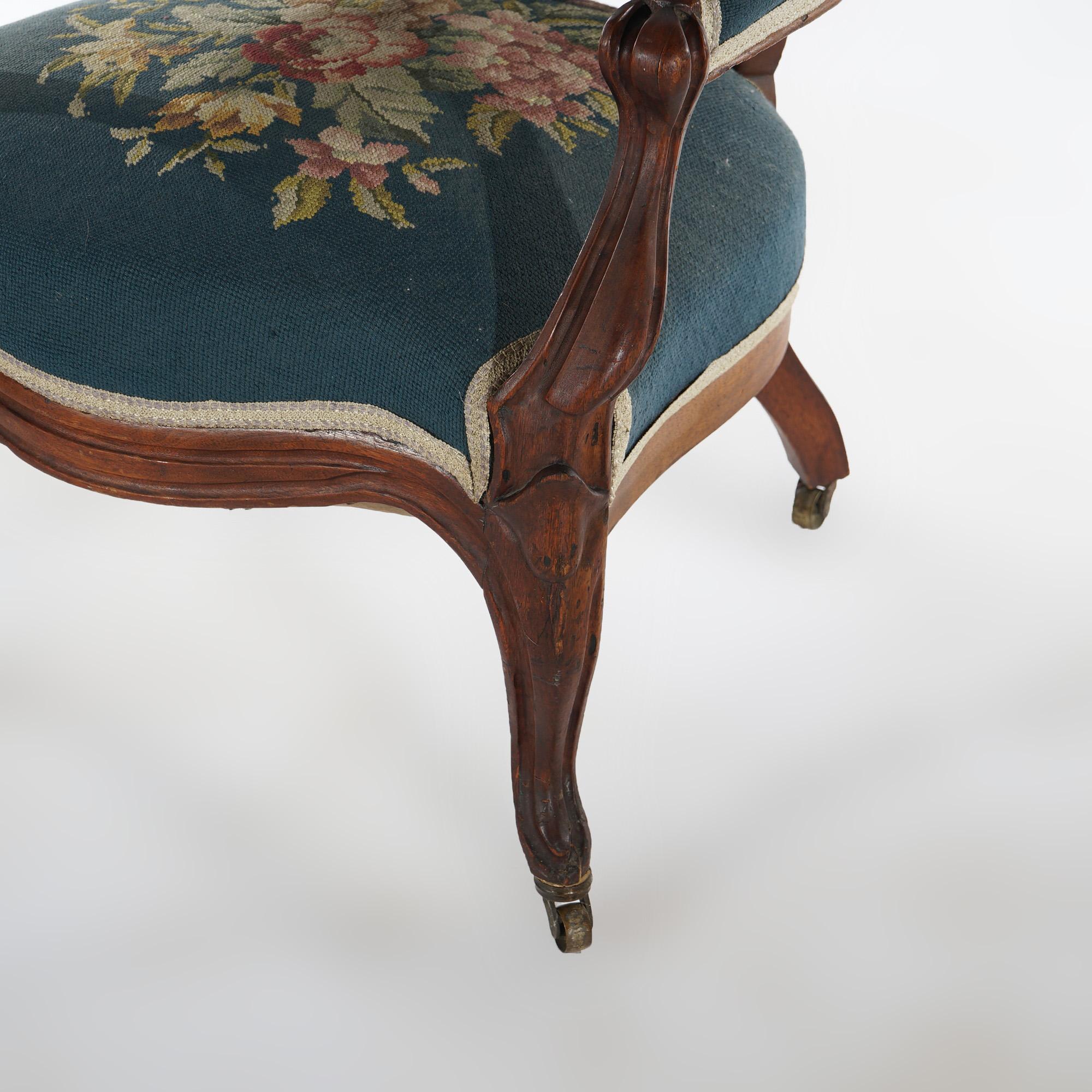 Carved Antique Victorian Walnut & Needlepoint Ladies Parlor Arm Chair, c1890