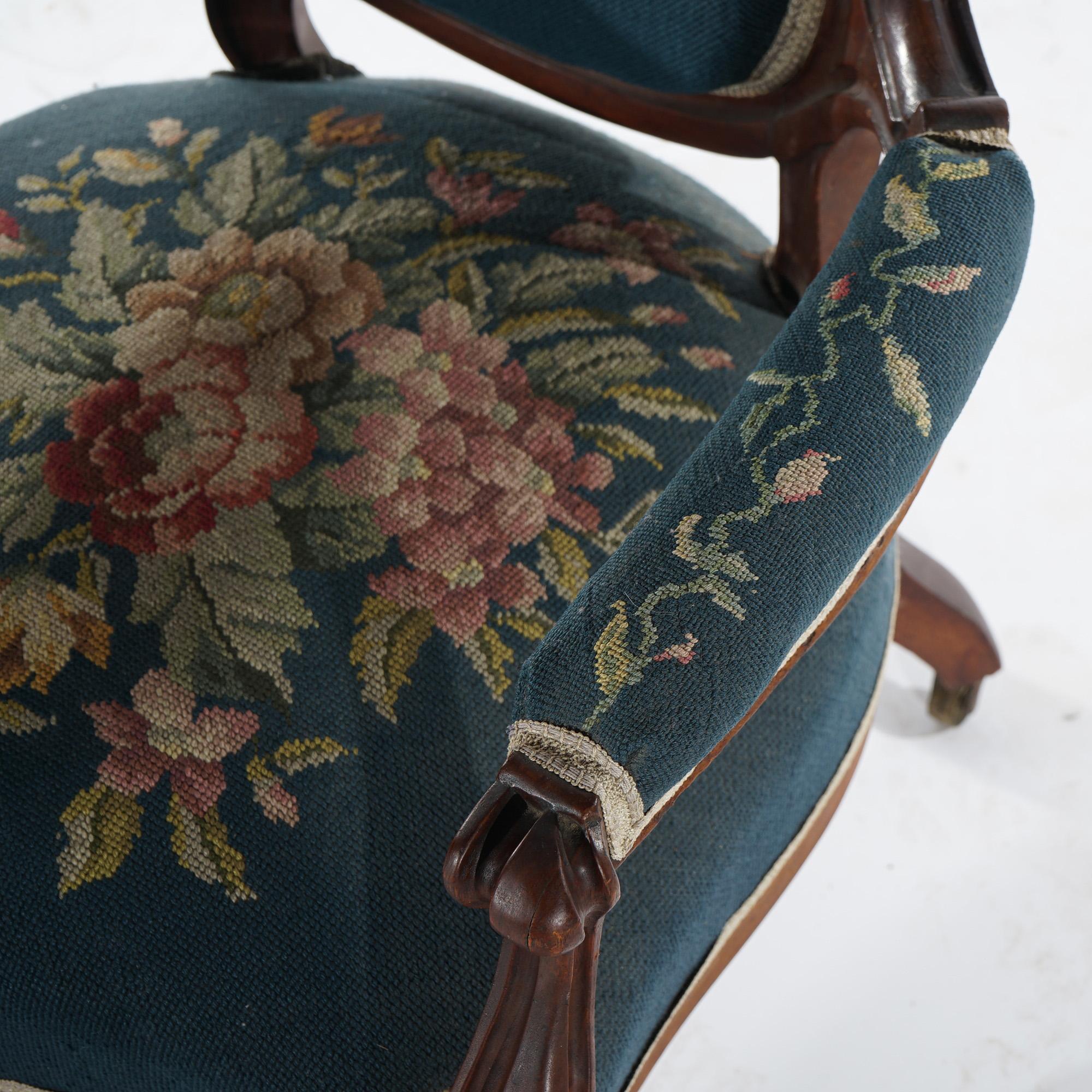 Antique Victorian Walnut & Needlepoint Ladies Parlor Arm Chair, c1890 In Good Condition In Big Flats, NY