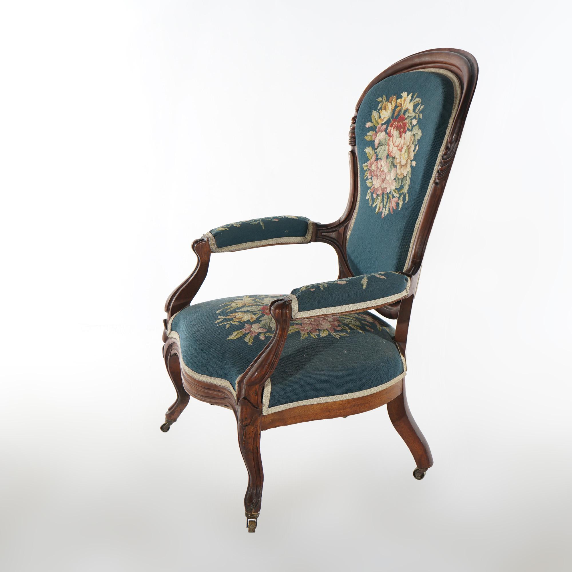 19th Century Antique Victorian Walnut & Needlepoint Ladies Parlor Arm Chair, c1890