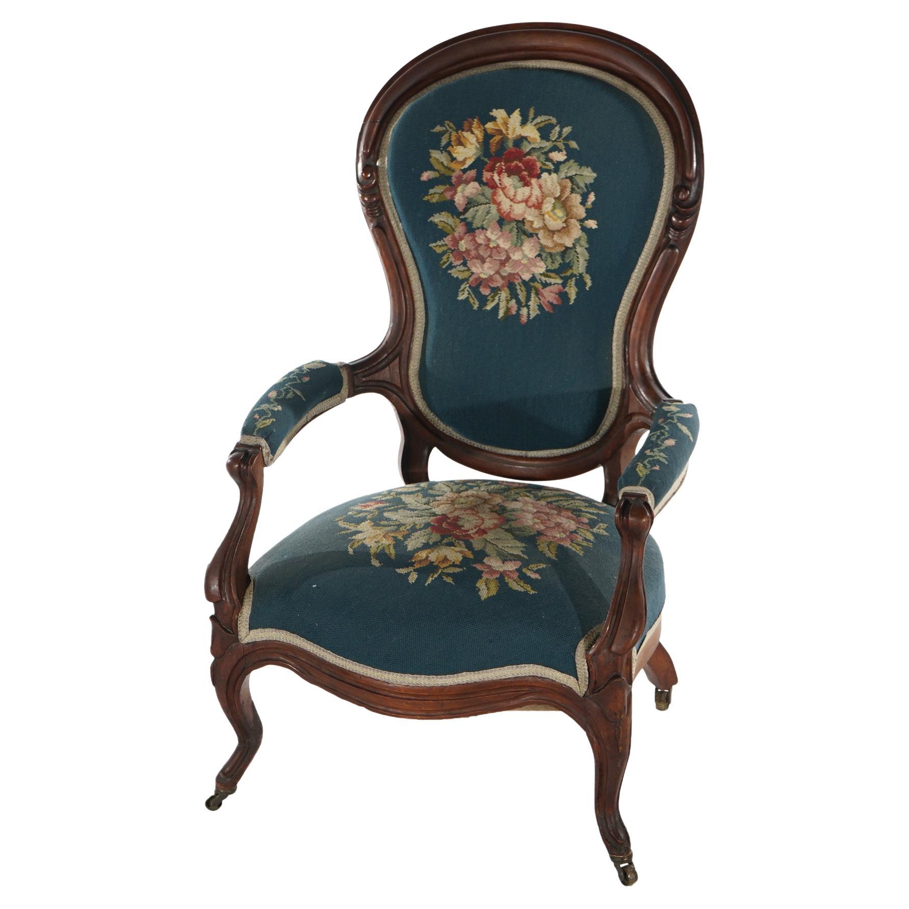 Antique Victorian Walnut & Needlepoint Ladies Parlor Arm Chair, c1890