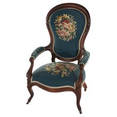 Antique Victorian Walnut & Needlepoint Ladies Parlor Arm Chair, c1890