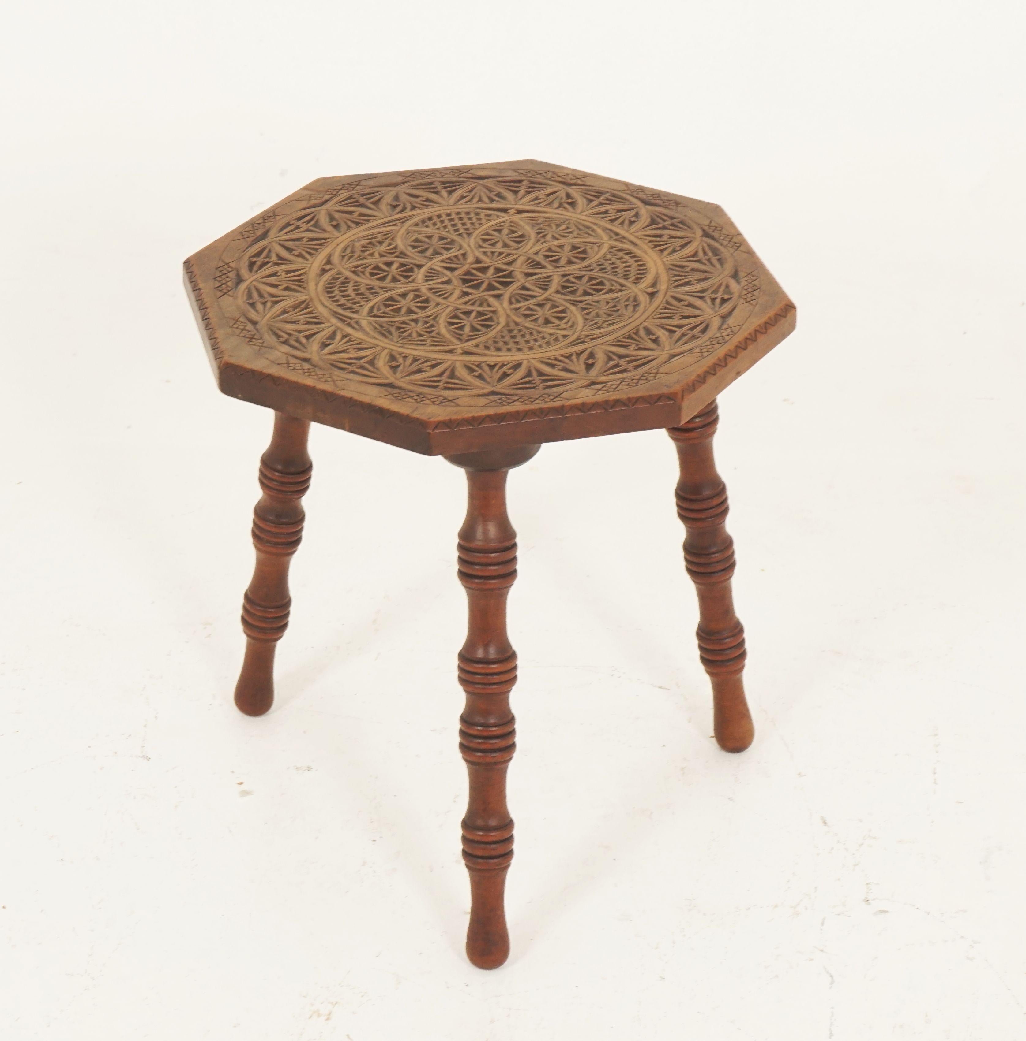 Antique Victorian walnut octagonal stool, chip carved, 3 legged, Scotland 1890, B2359

Scotland, 1890
Solid walnut
Original finish
Octangular carved top with moulded edge
Stand on three turned four ring legs
Wonderful carving to the top
All