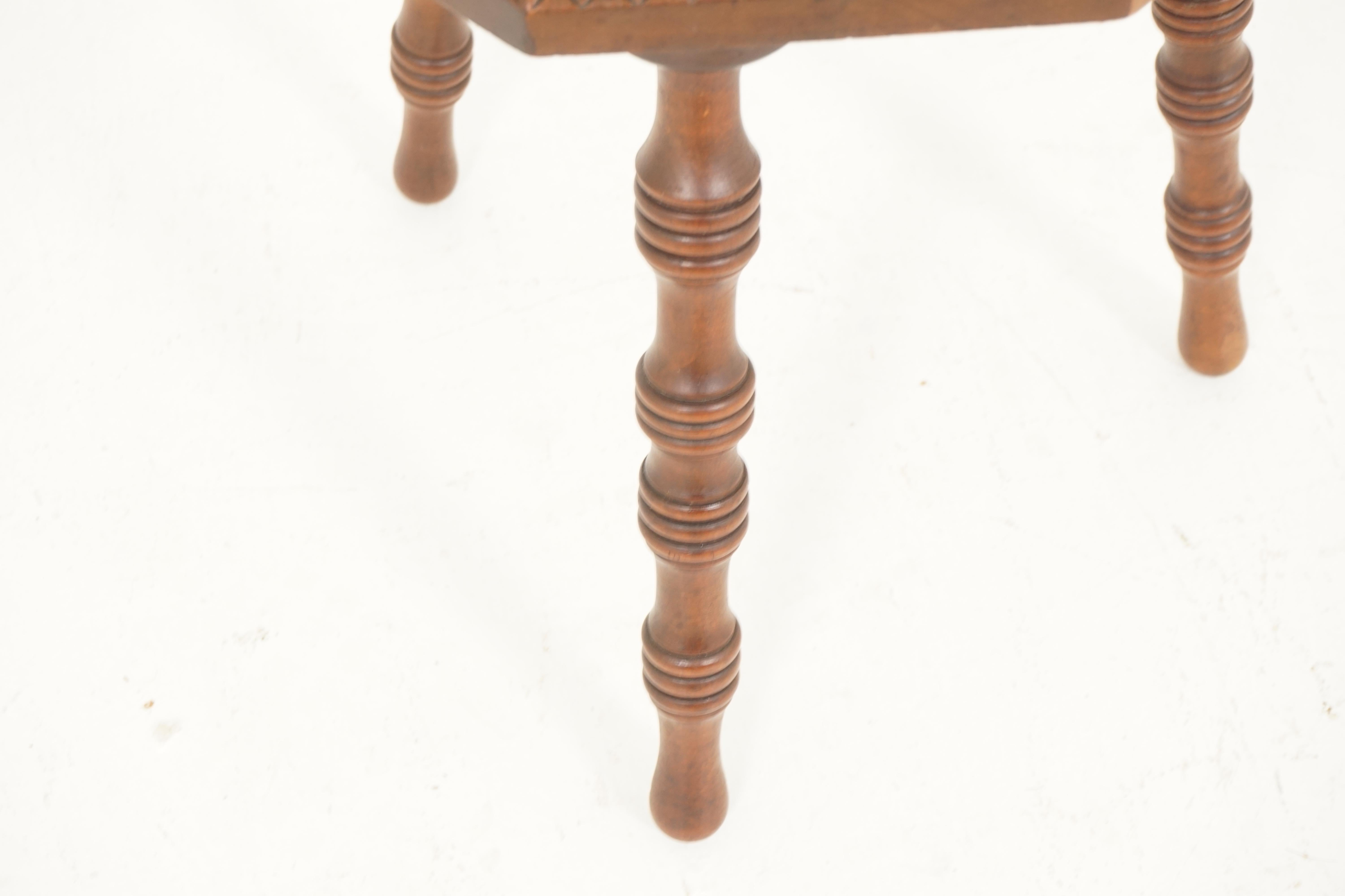 Hand-Crafted Antique Victorian Walnut Octagonal Stool, Chip Carved, 3 Legged, Scotland, 1890