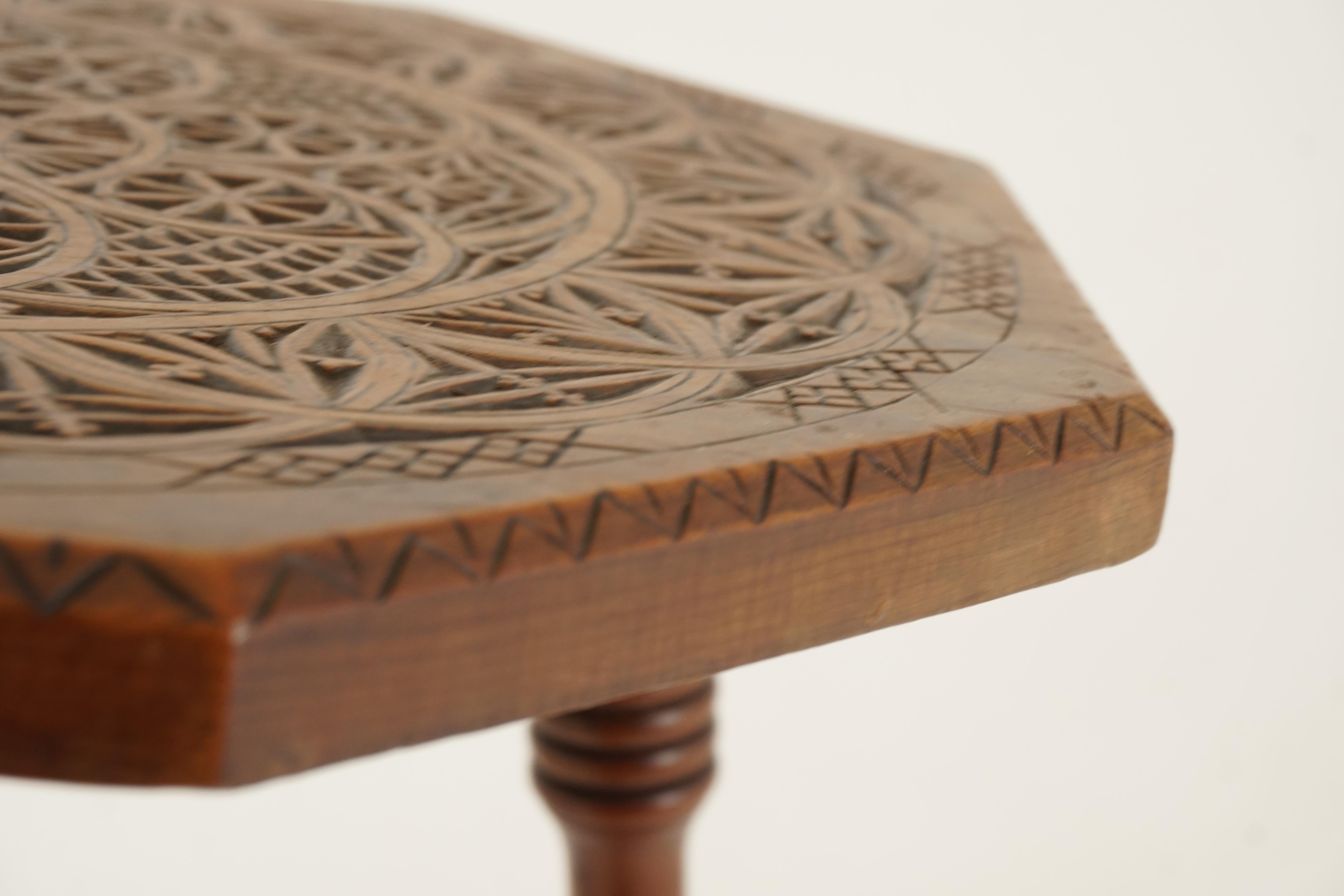 Antique Victorian Walnut Octagonal Stool, Chip Carved, 3 Legged, Scotland, 1890 In Good Condition In Vancouver, BC