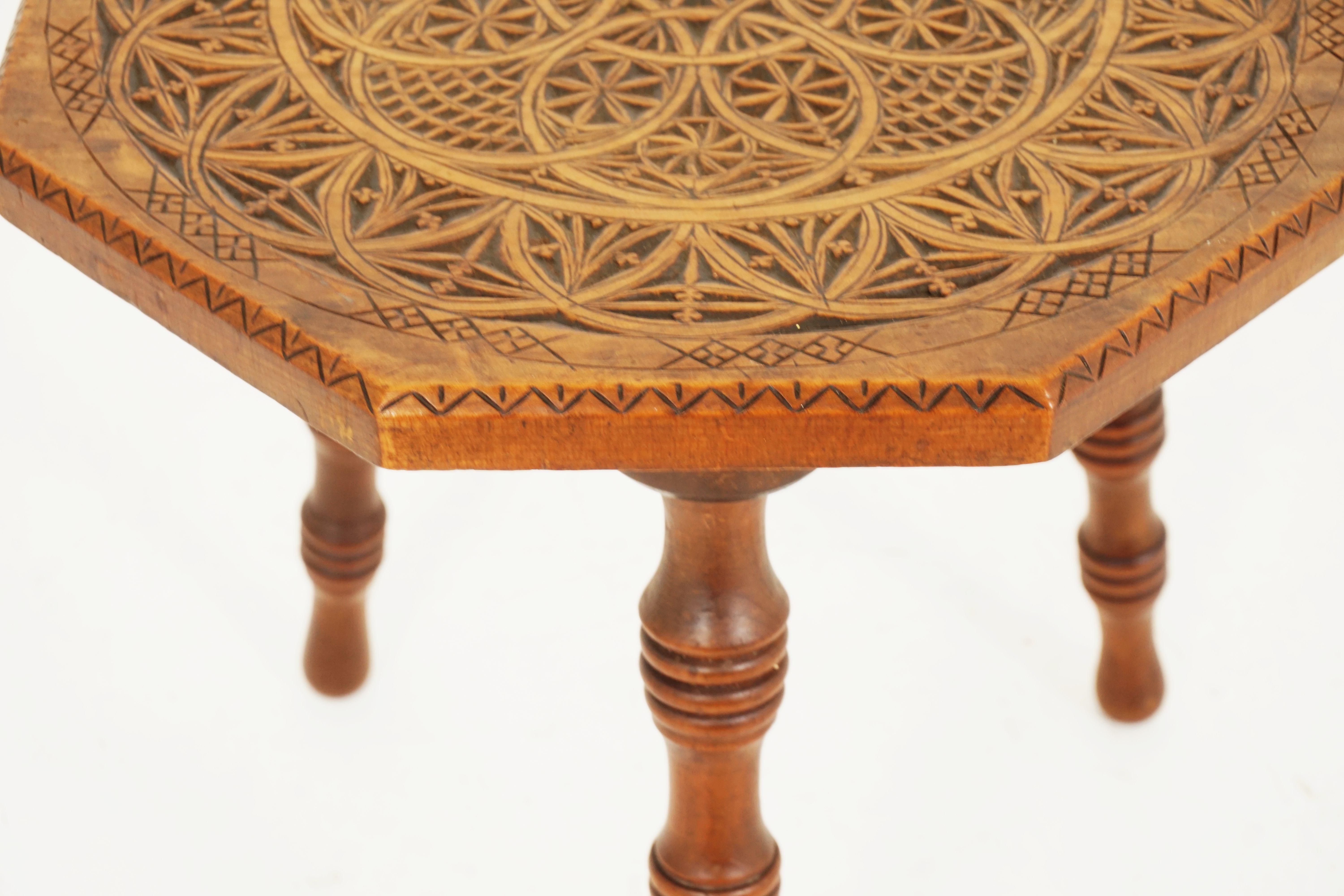 Late 19th Century Antique Victorian Walnut Octagonal Stool, Chip Carved, 3 Legged, Scotland, 1890