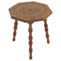 Antique Victorian Walnut Octagonal Stool, Chip Carved, 3 Legged, Scotland, 1890