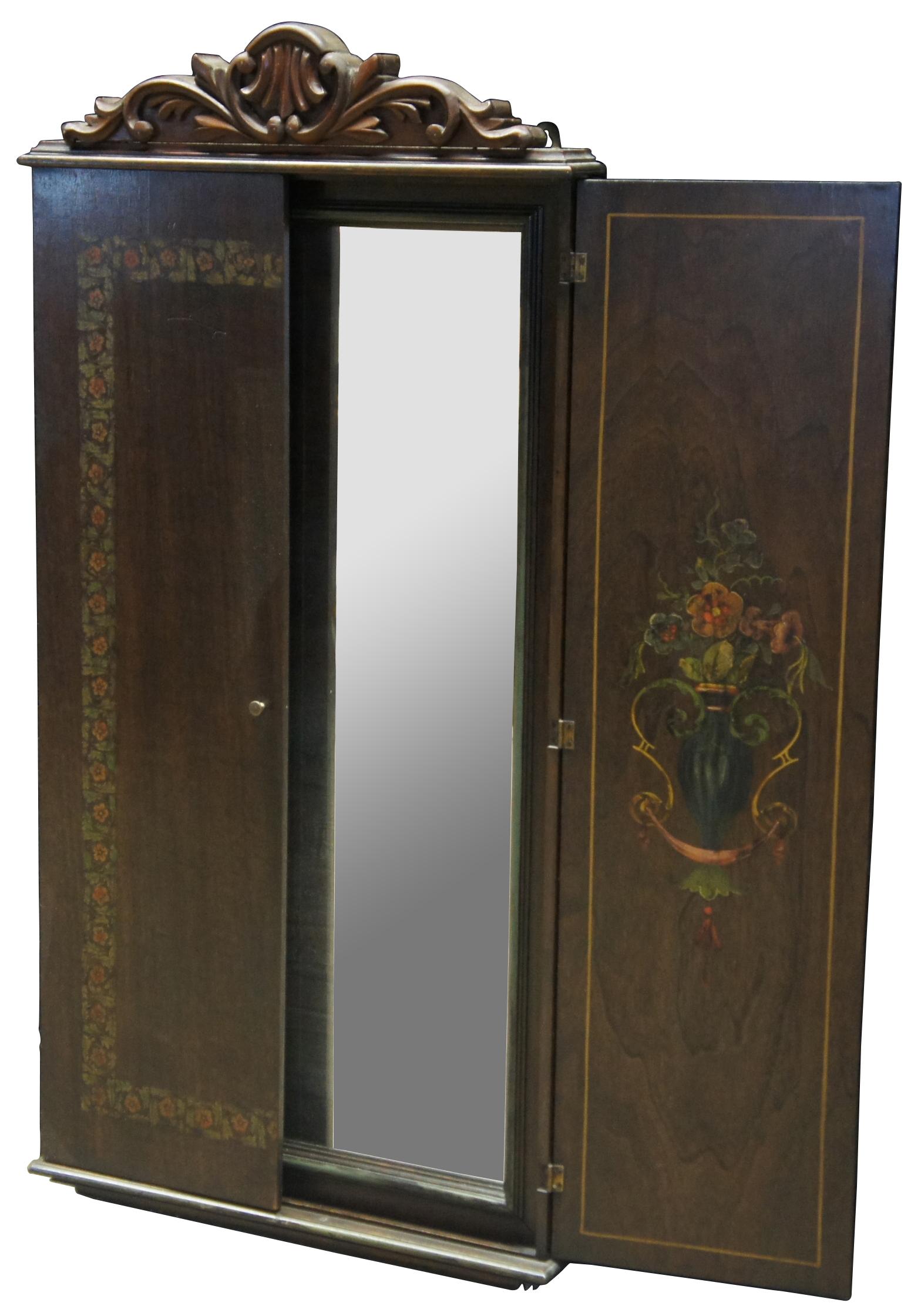 Antique Victorian Walnut Painted & Carved Hideaway Wall Mirror Cabinet In Good Condition In Dayton, OH