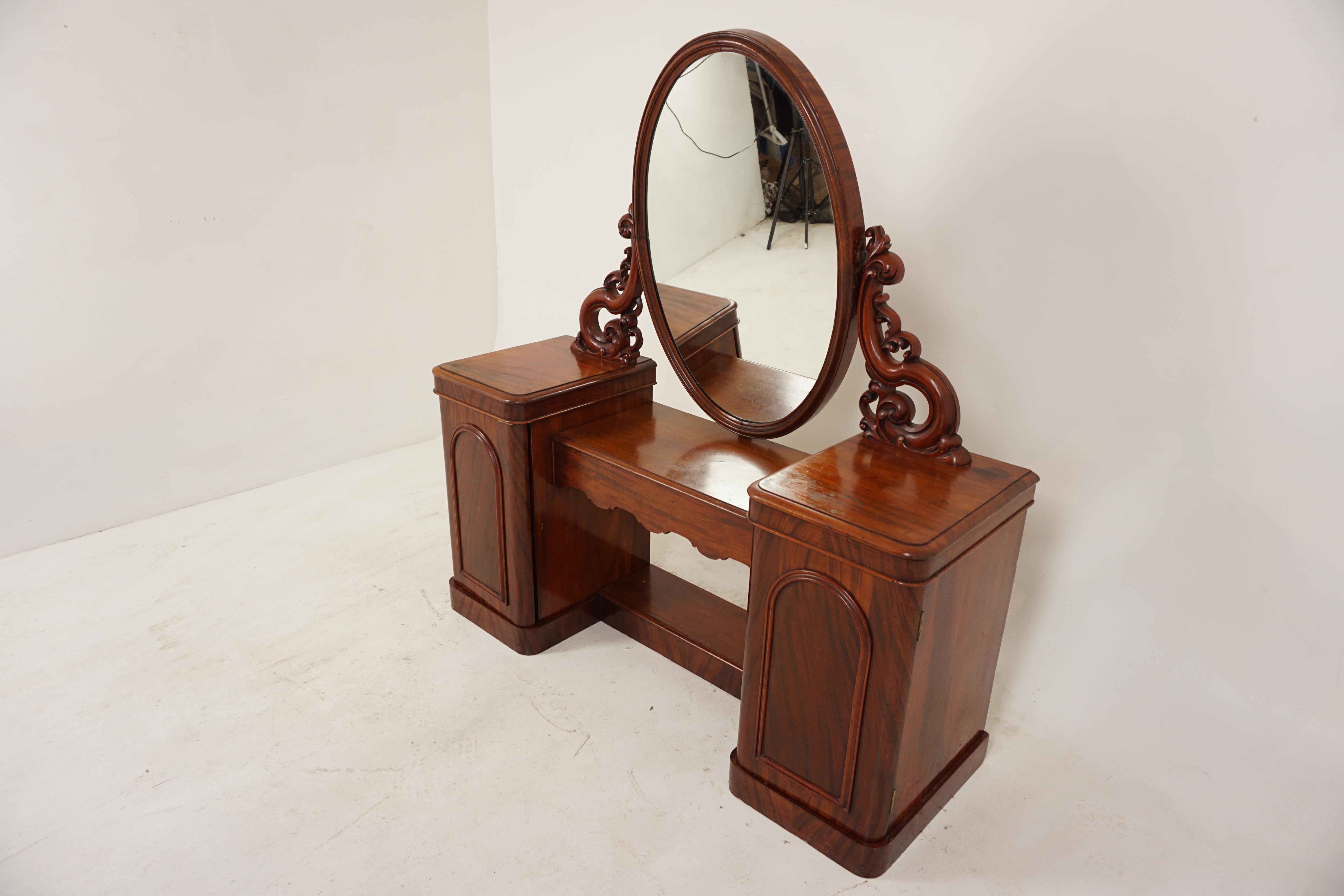 Antique Victorian walnut triple mirrored vanity, dressing chest, table, Scotland 1880, H337

Scotland 1880
Solid Walnut & Veneers
Original finish
Framed oval tilting mirror with thick shapely curved arms
The base has two enclosed pedestals
To the