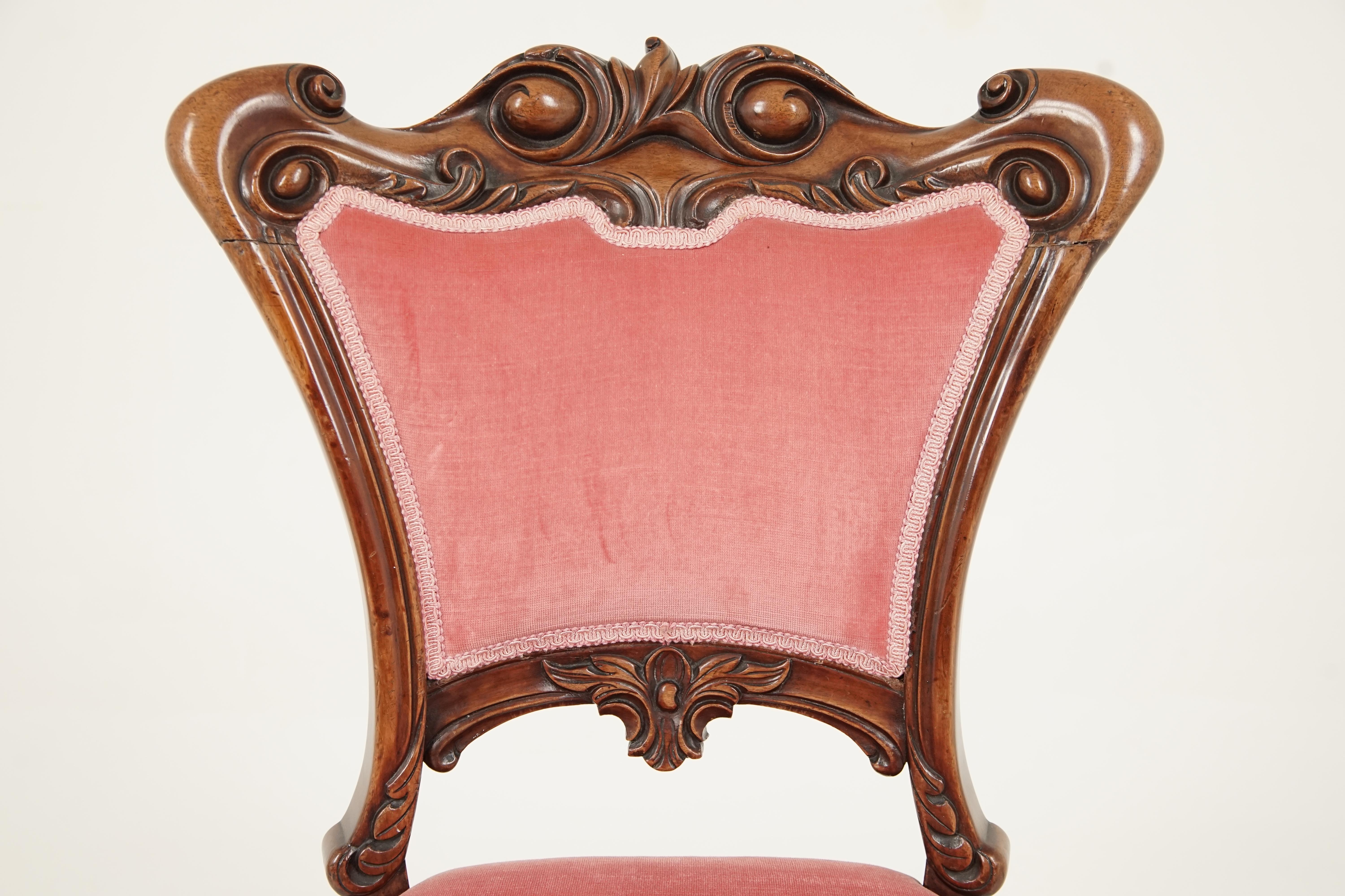 Antique Victorian walnut plum upholstered side parlor chairs, Scotland 1860, B2746

Scotland 1860
Solid walnut 
Original finish 
Beautiful carved top rail with shaped upholstered back with carved rail underneath
Serpentine upholstered