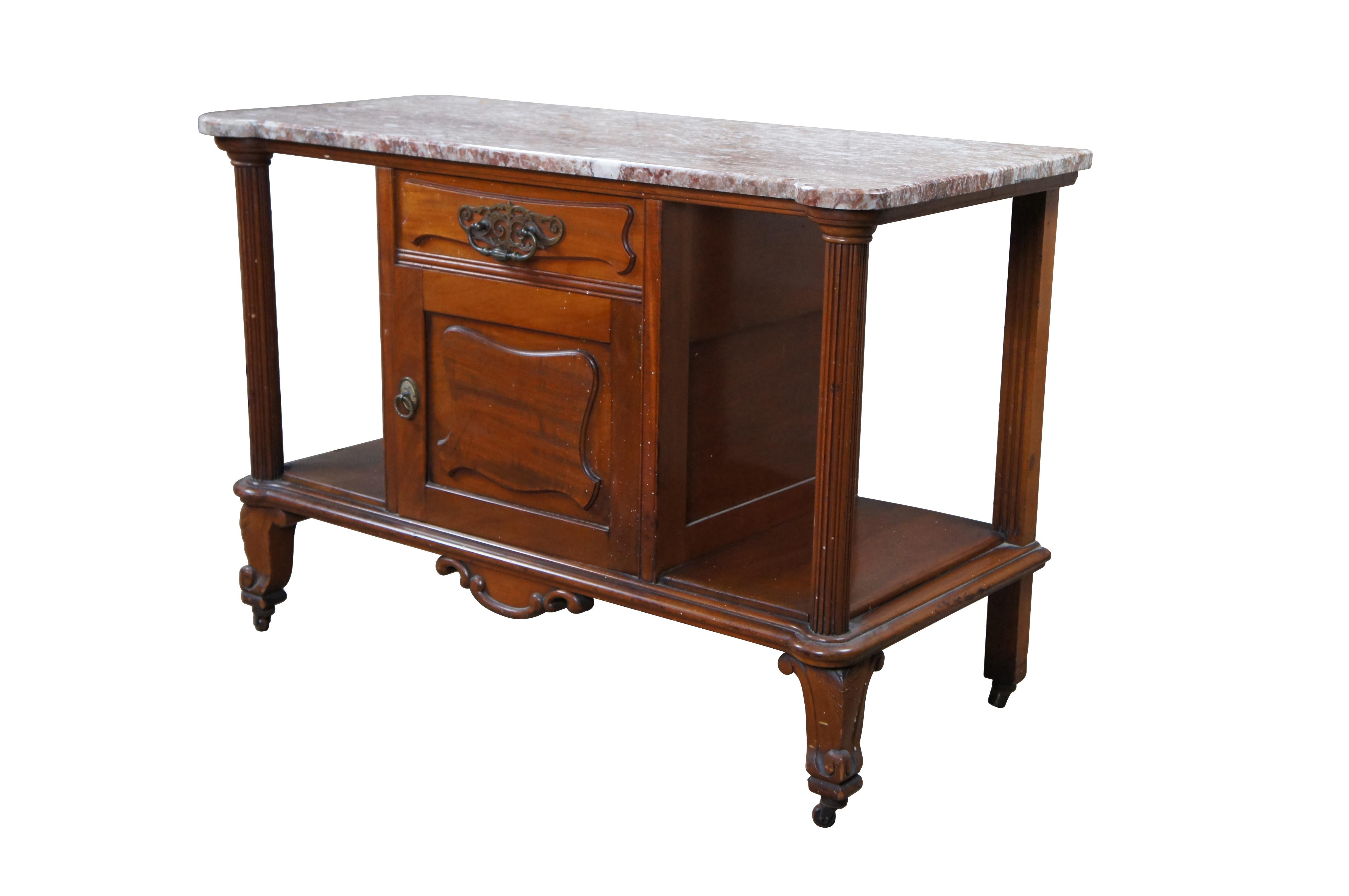 Late Victorian Antique Victorian Walnut Rouge Marble Top Wash Stand Console Sideboard Server For Sale