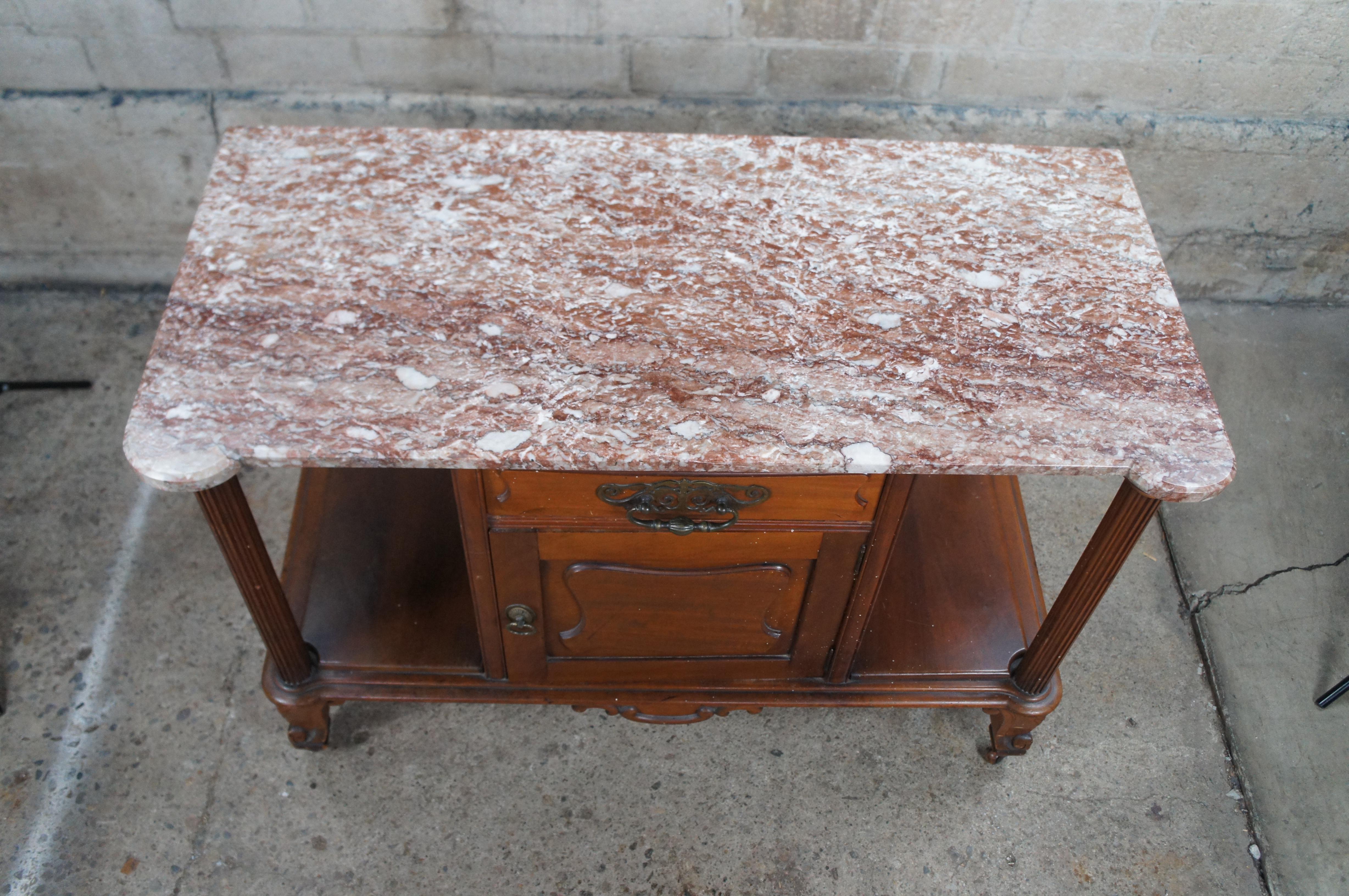 American Antique Victorian Walnut Rouge Marble Top Wash Stand Console Sideboard Server For Sale