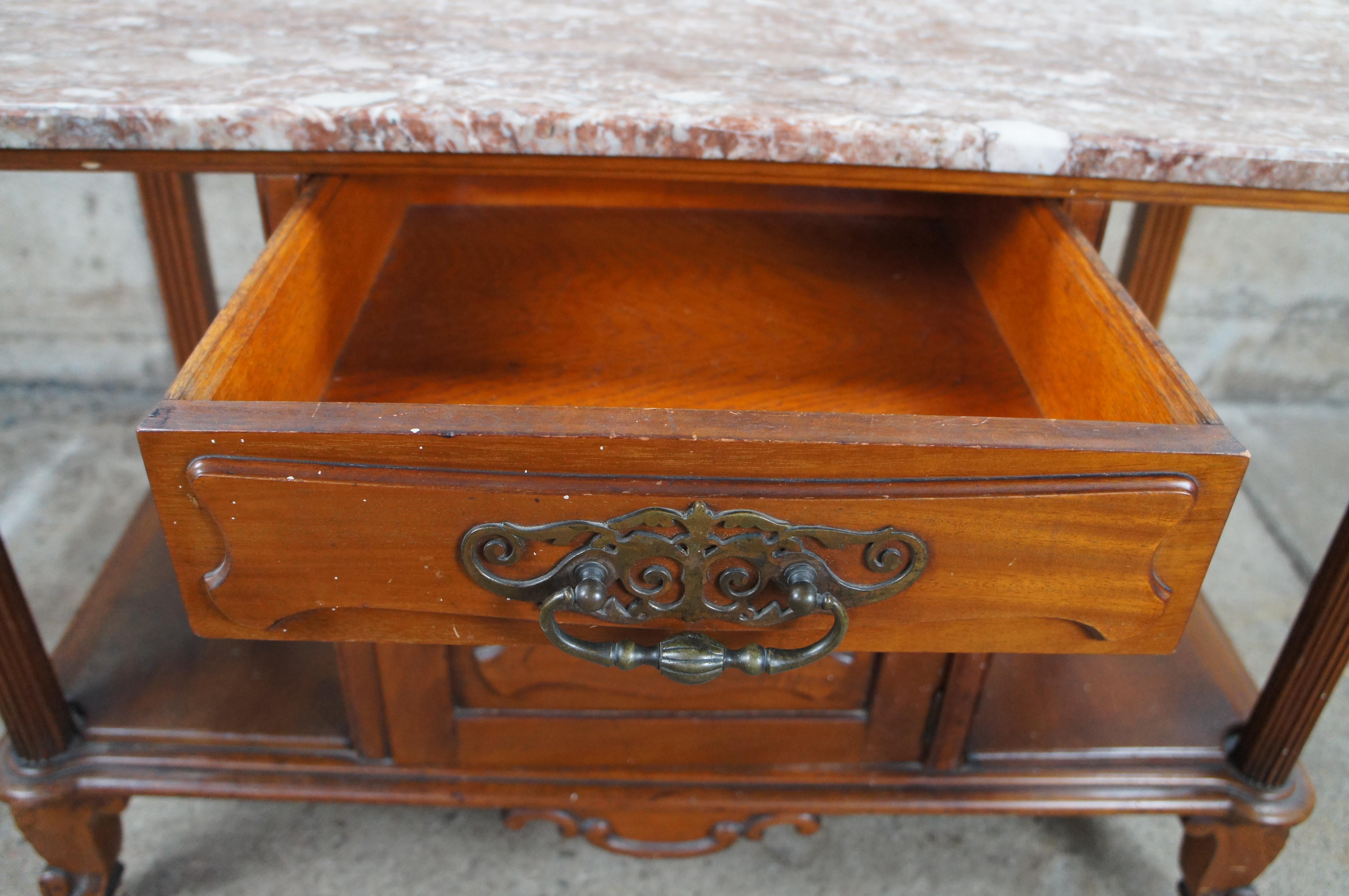 Brass Antique Victorian Walnut Rouge Marble Top Wash Stand Console Sideboard Server For Sale