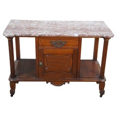 Antique Victorian Walnut Rouge Marble Top Wash Stand Console Sideboard Server