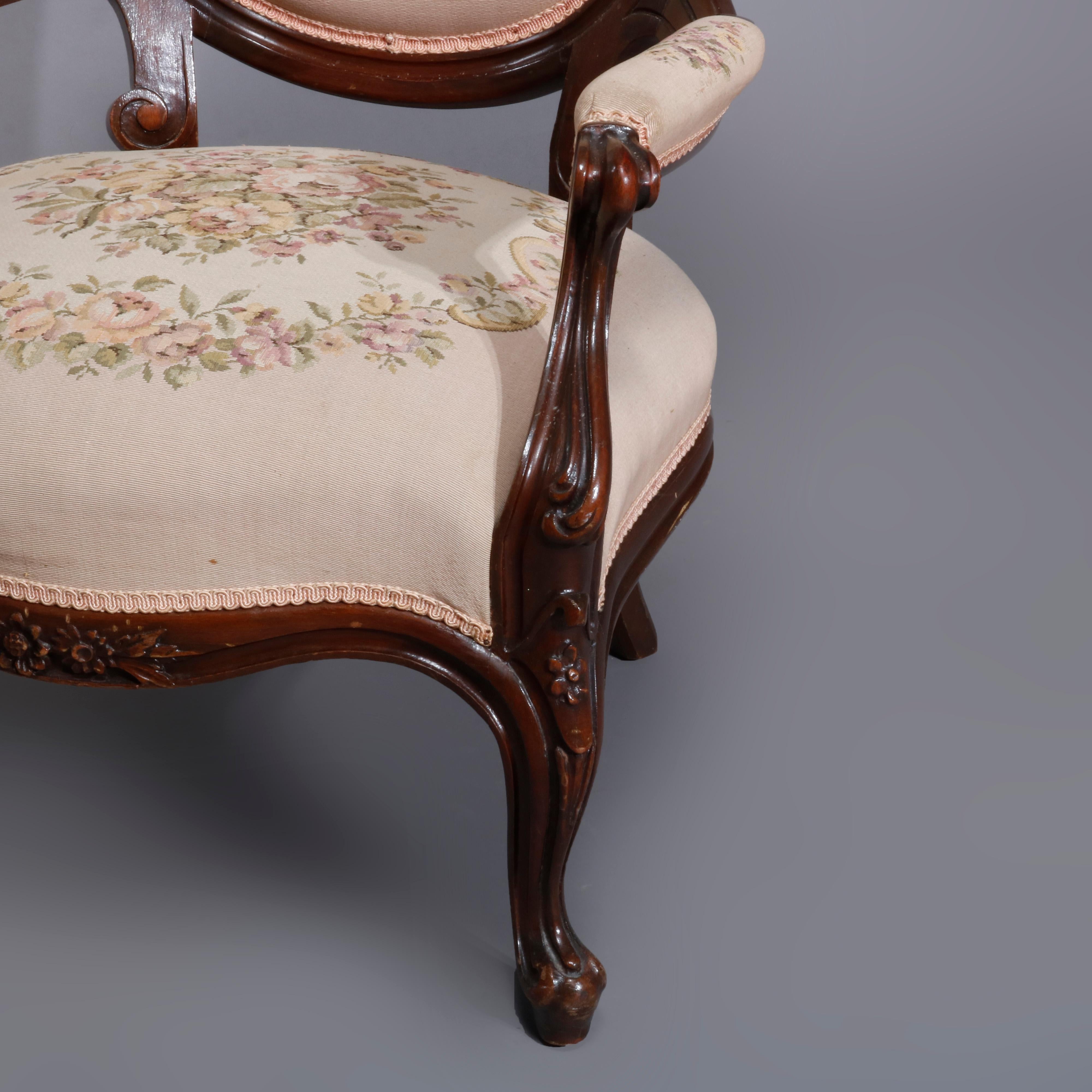 19th Century Antique Victorian Walnut & Tapestry Parlor Arm Chair, C1890