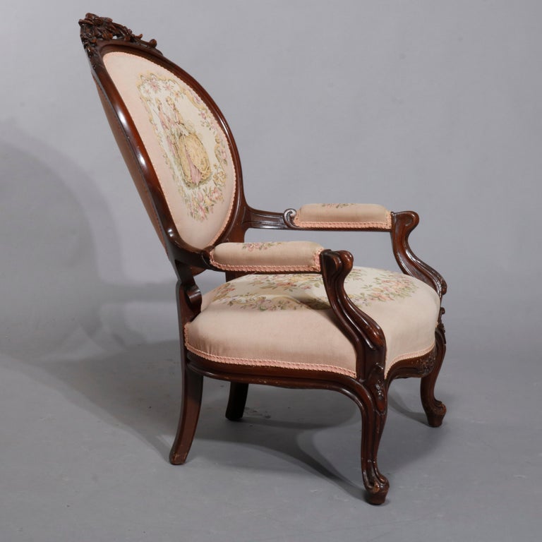 Antique Walnut Victorian Louis XV Style Tapestry Parlor Arm Chair