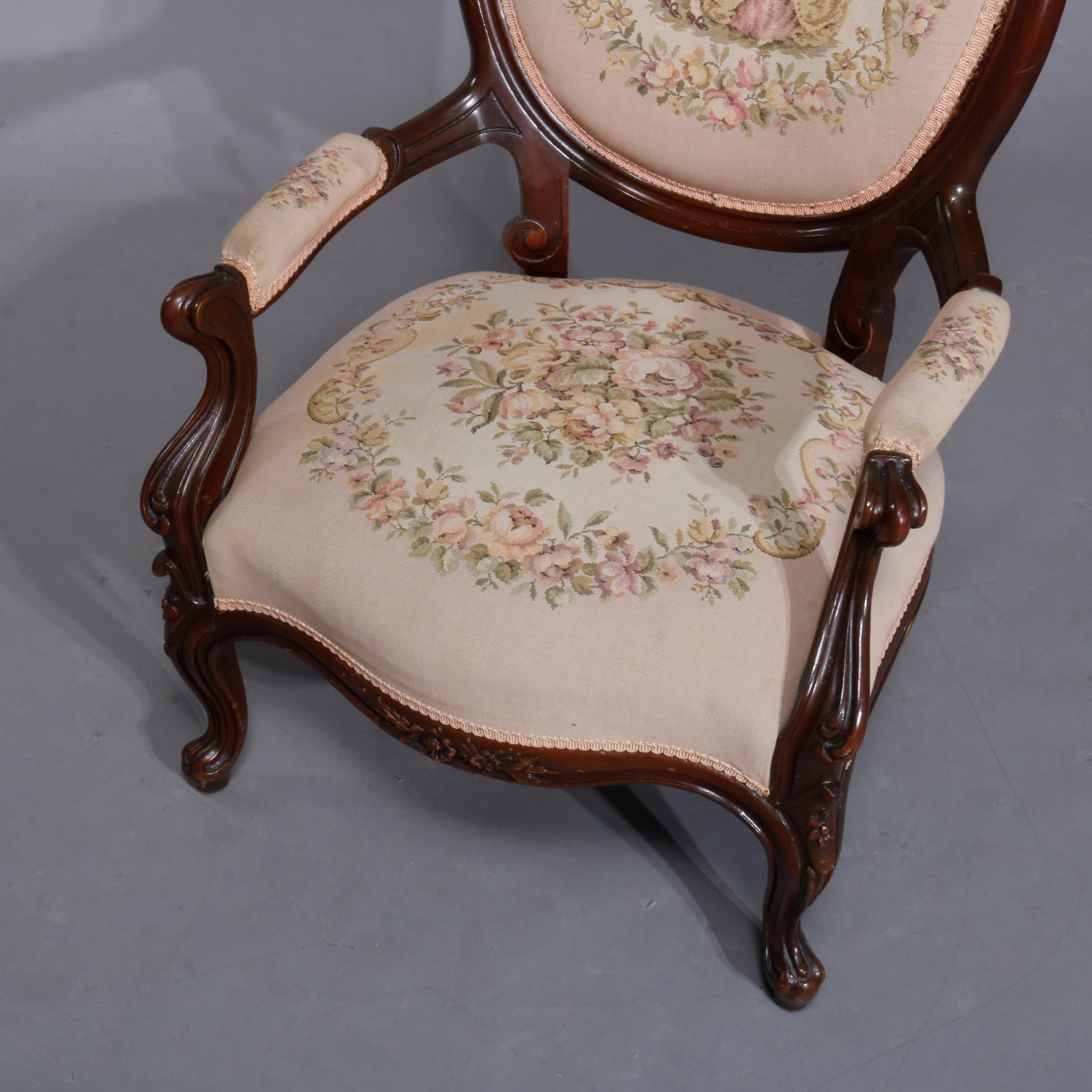 European Antique Victorian Walnut & Tapestry Parlor Arm Chair, C1890
