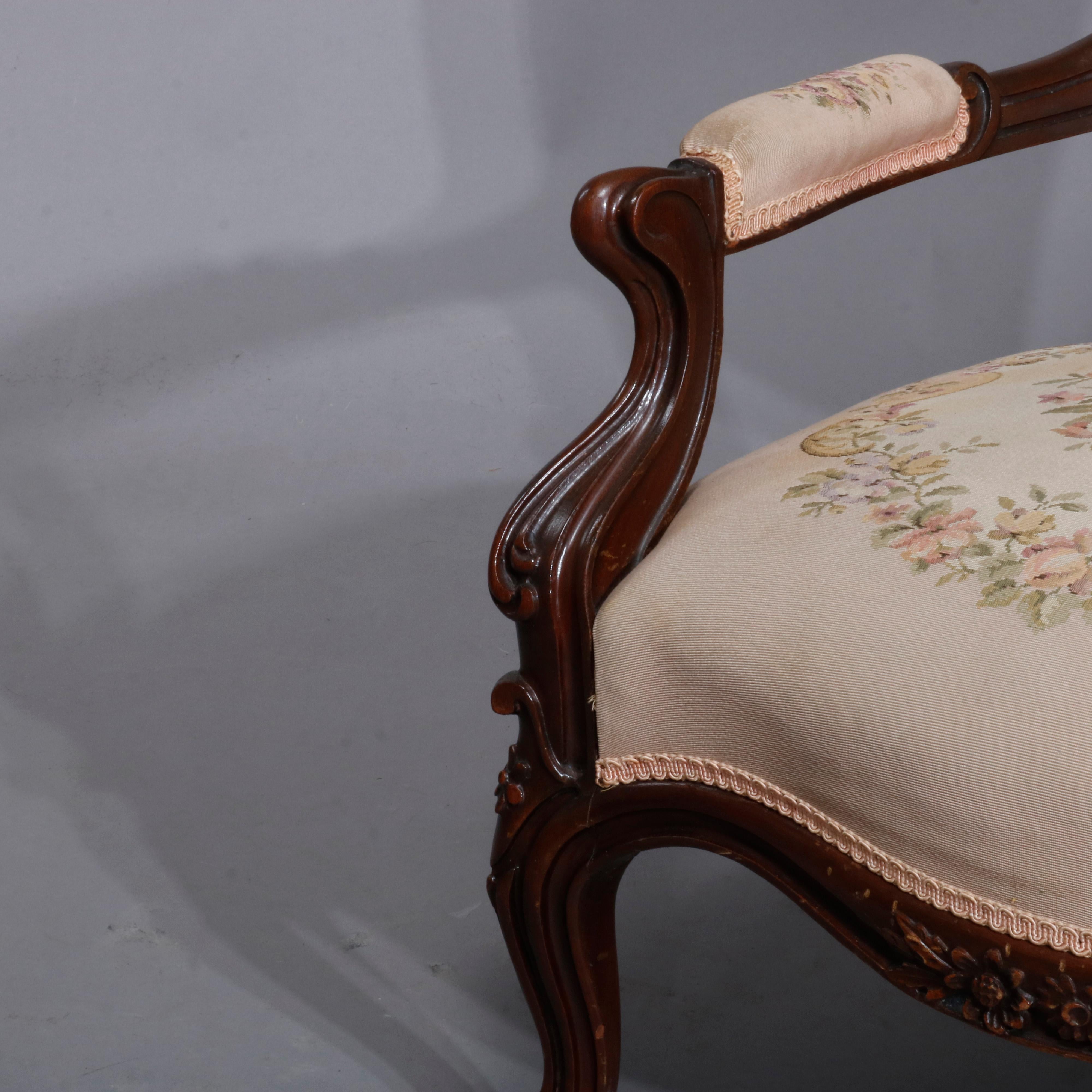 Antique Victorian Walnut & Tapestry Parlor Arm Chair, C1890 In Good Condition In Big Flats, NY