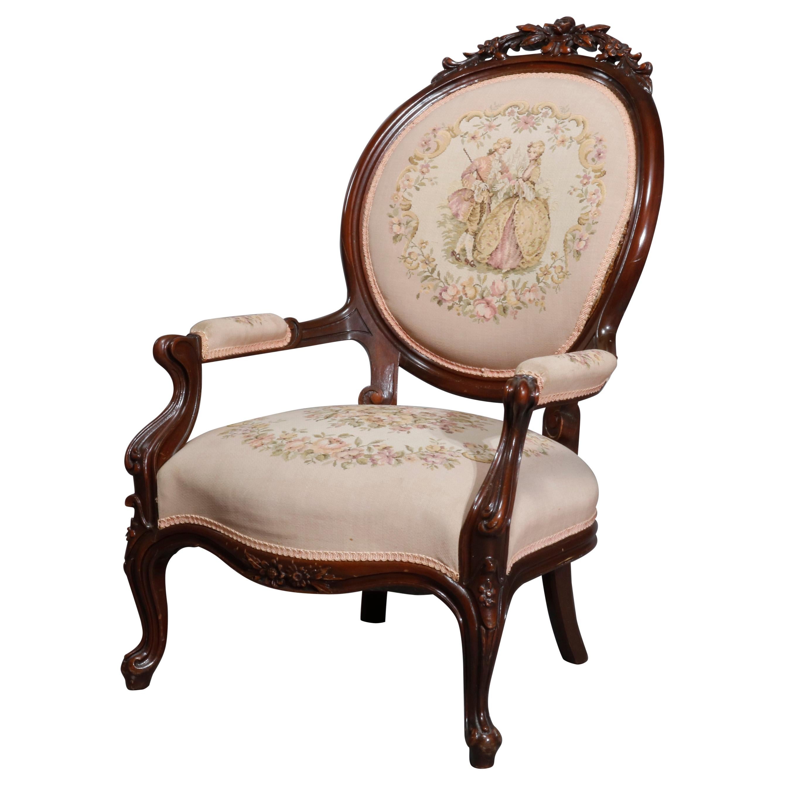 Antique Victorian Walnut & Tapestry Parlor Arm Chair, C1890