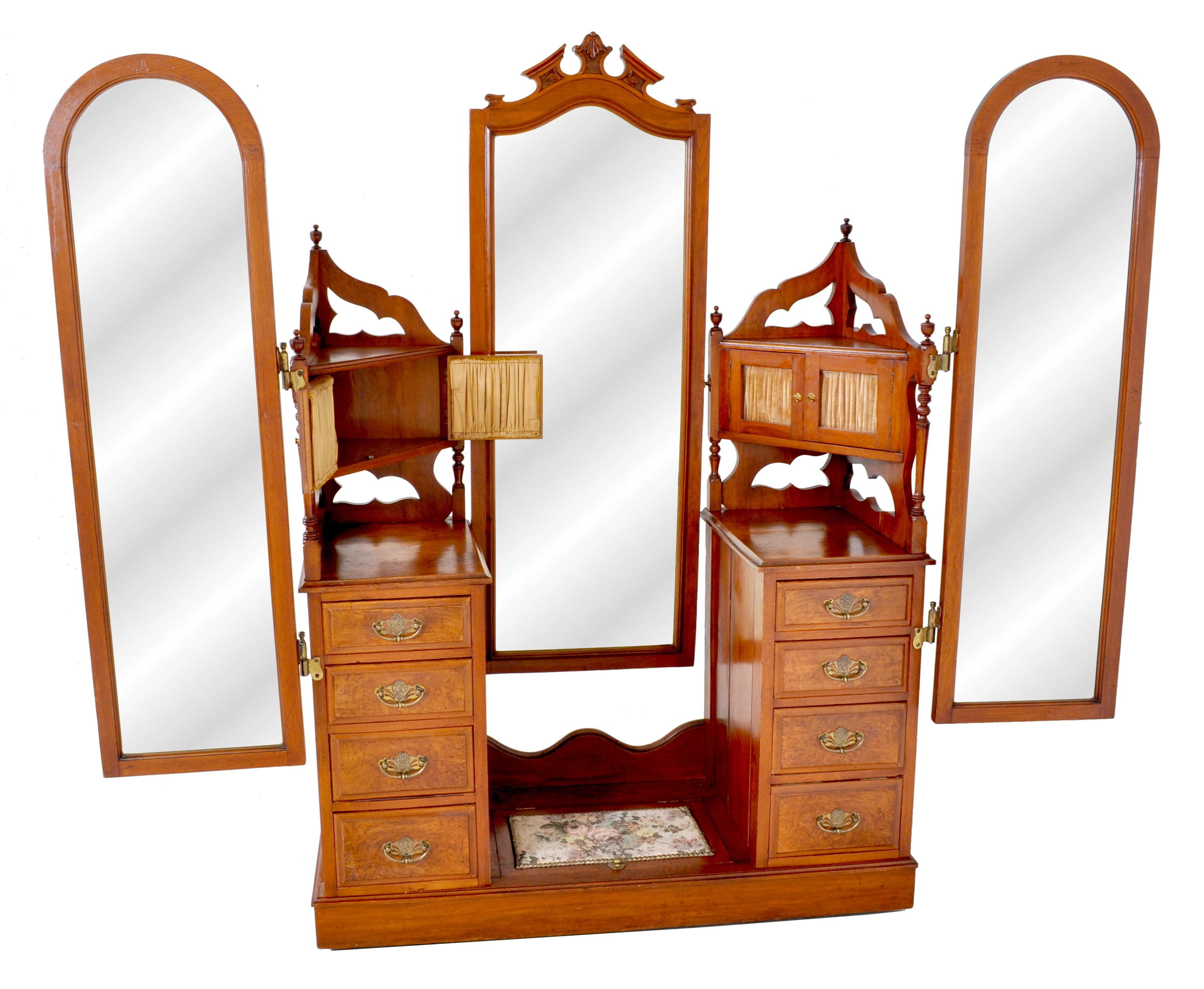 Antique Victorian walnut triple mirror twin pedestal dressing table/ princess vanity chest, circa 1870. A good Victorian walnut 'Princess' vanity/dressing table, to the center is a full length beveled cheval mirror, flanked by twin full length swing