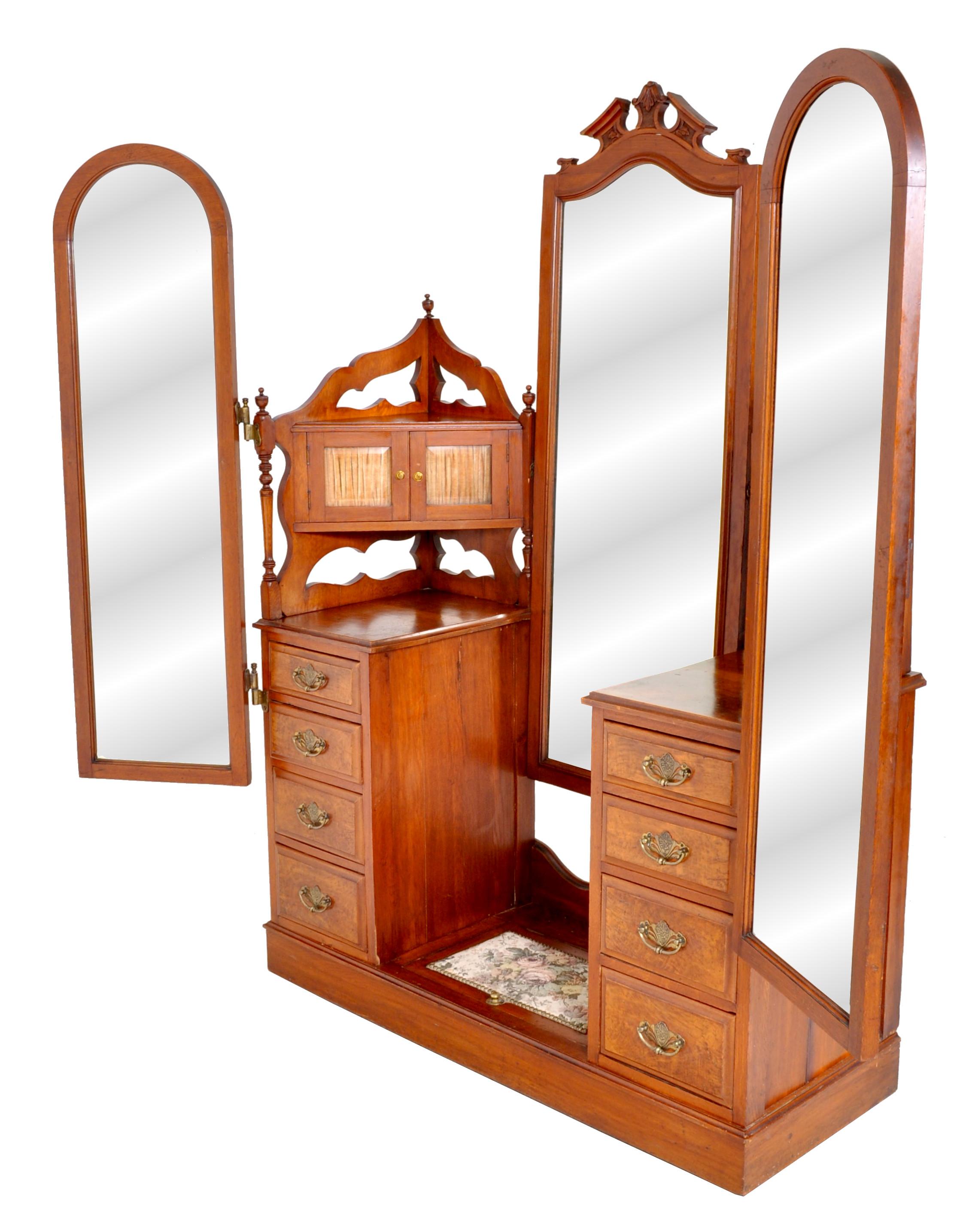 English Antique Victorian Walnut Triple Mirror Twin Pedestal Dressing Table Vanity, 1870