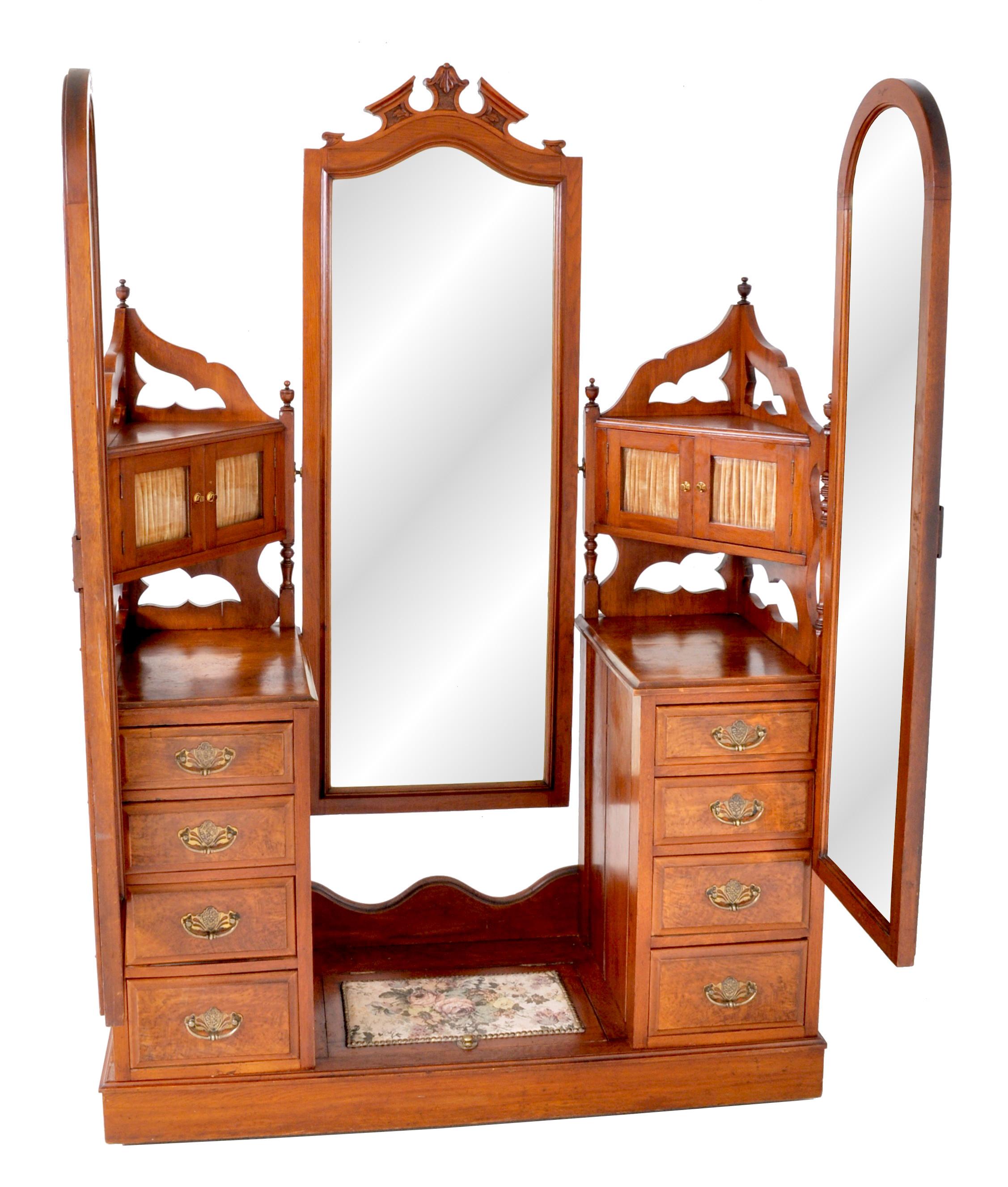 Antique Victorian Walnut Triple Mirror Twin Pedestal Dressing Table Vanity, 1870 In Good Condition In Portland, OR